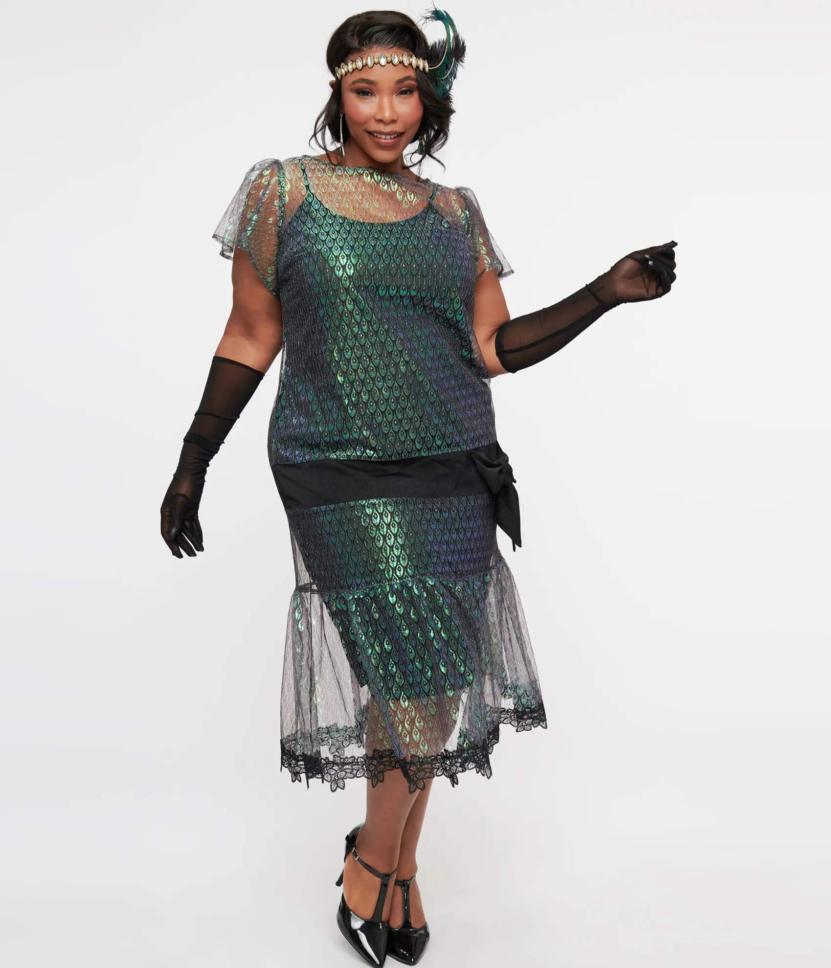 Unique Vintage Plus Size 1920s Iridescent Peacock & Black Bow Flapper Dress Store