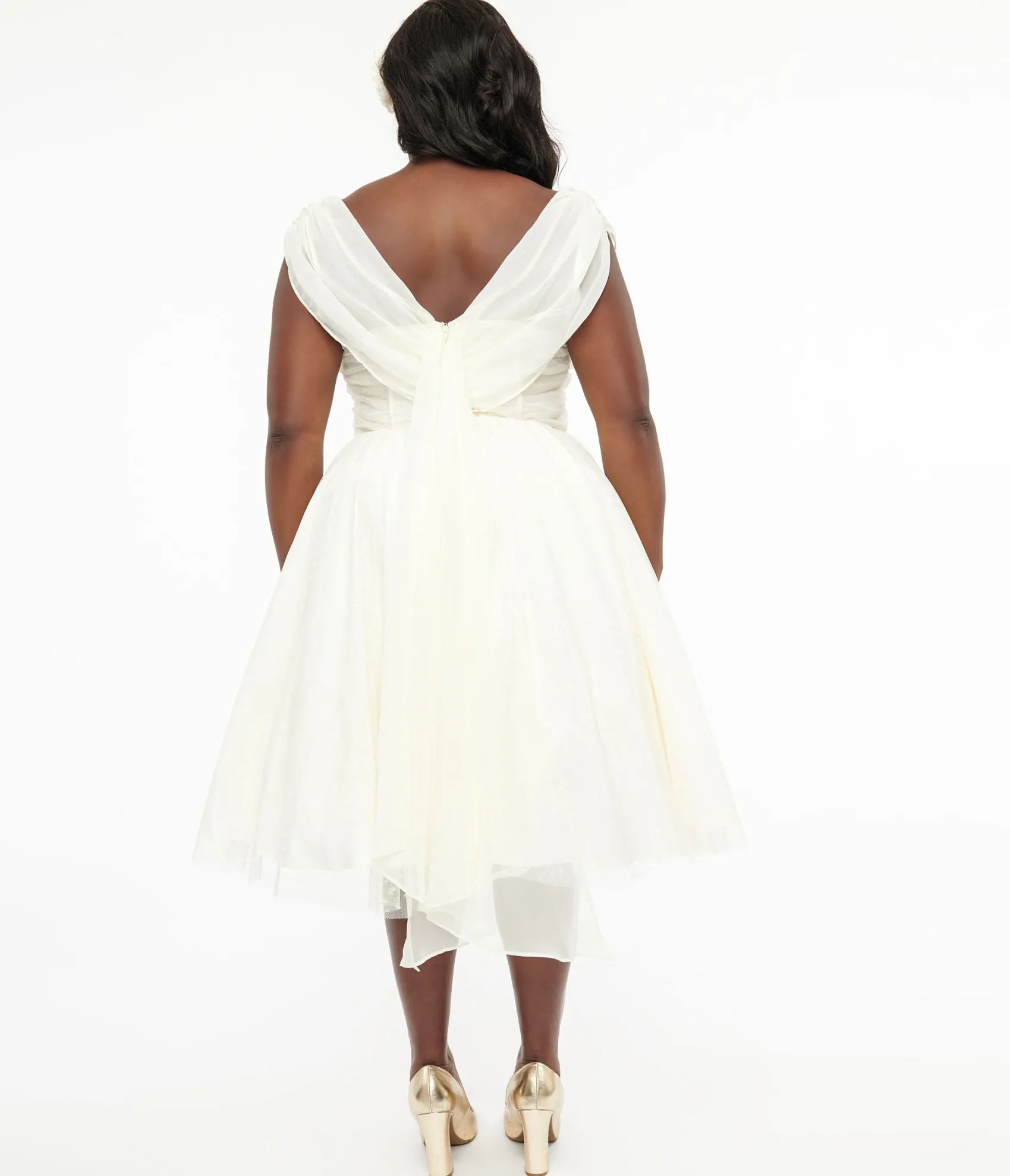Unique Vintage Plus Size 1950s Ivory Clip Dot Off The Shoulder Cocktail Dress Shop