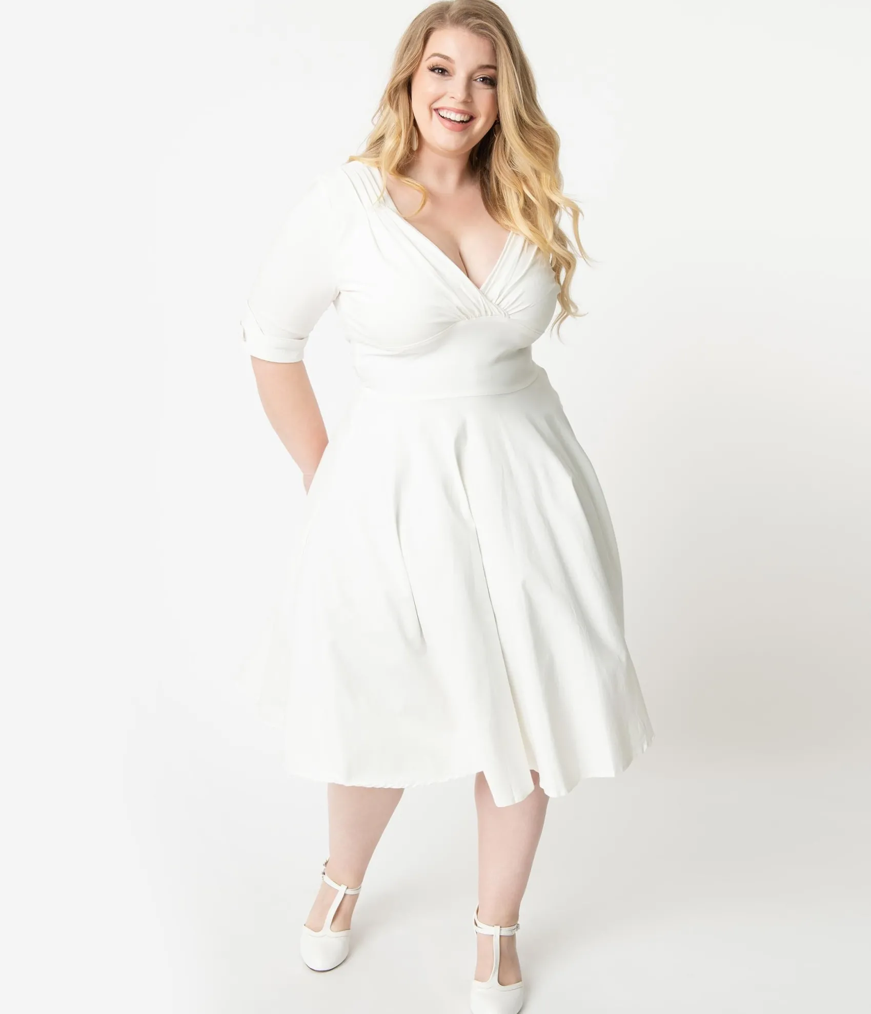 Unique Vintage Plus Size 1950s Ivory Delores Swing Dress with Sleeves Cheap