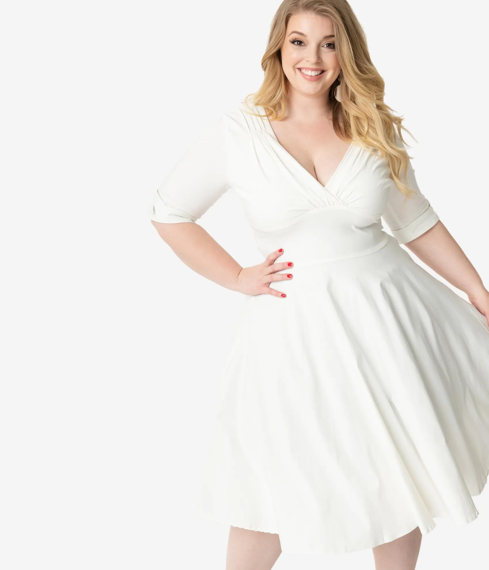 Unique Vintage Plus Size 1950s Ivory Delores Swing Dress with Sleeves Cheap