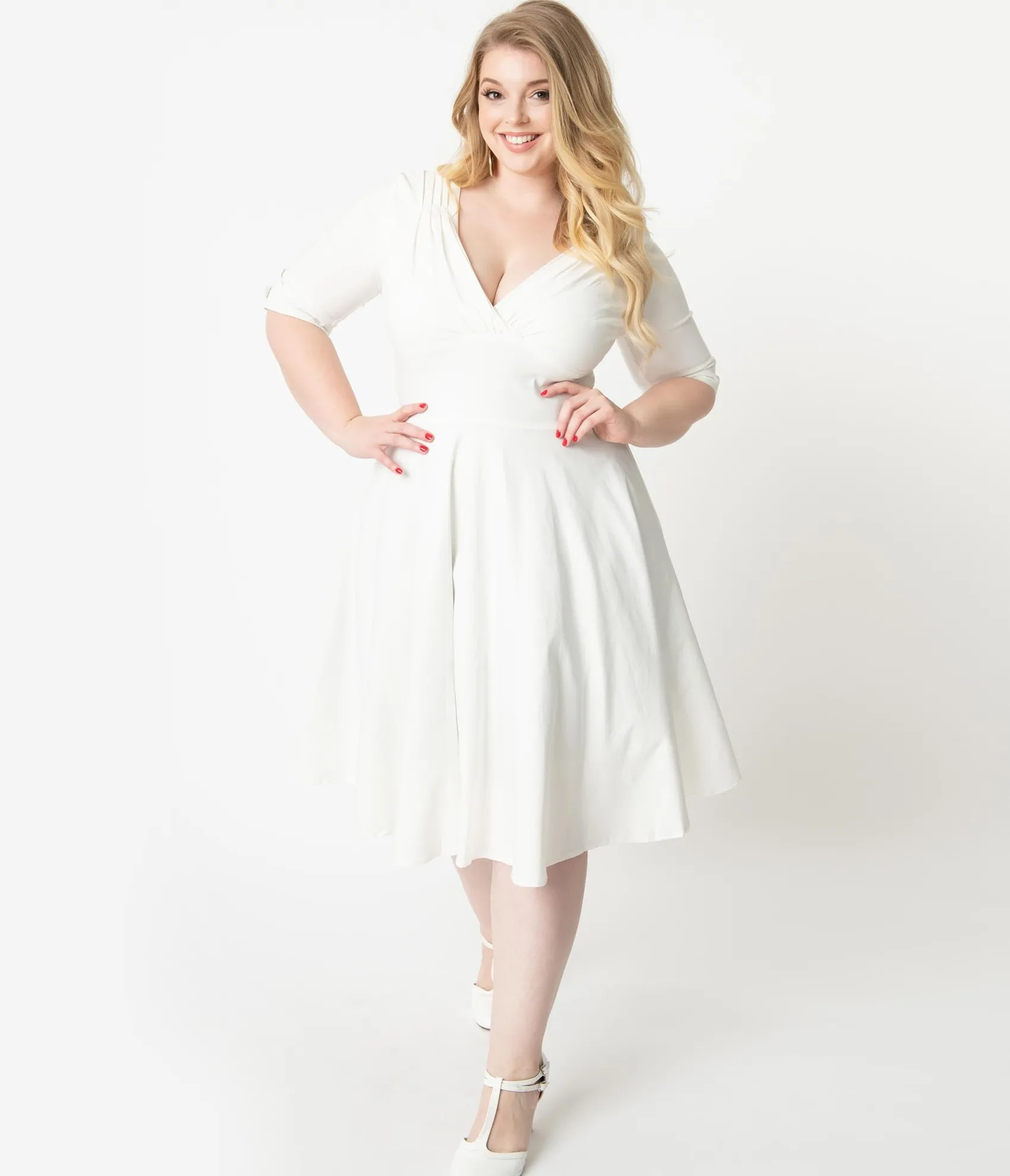 Unique Vintage Plus Size 1950s Ivory Delores Swing Dress with Sleeves Cheap