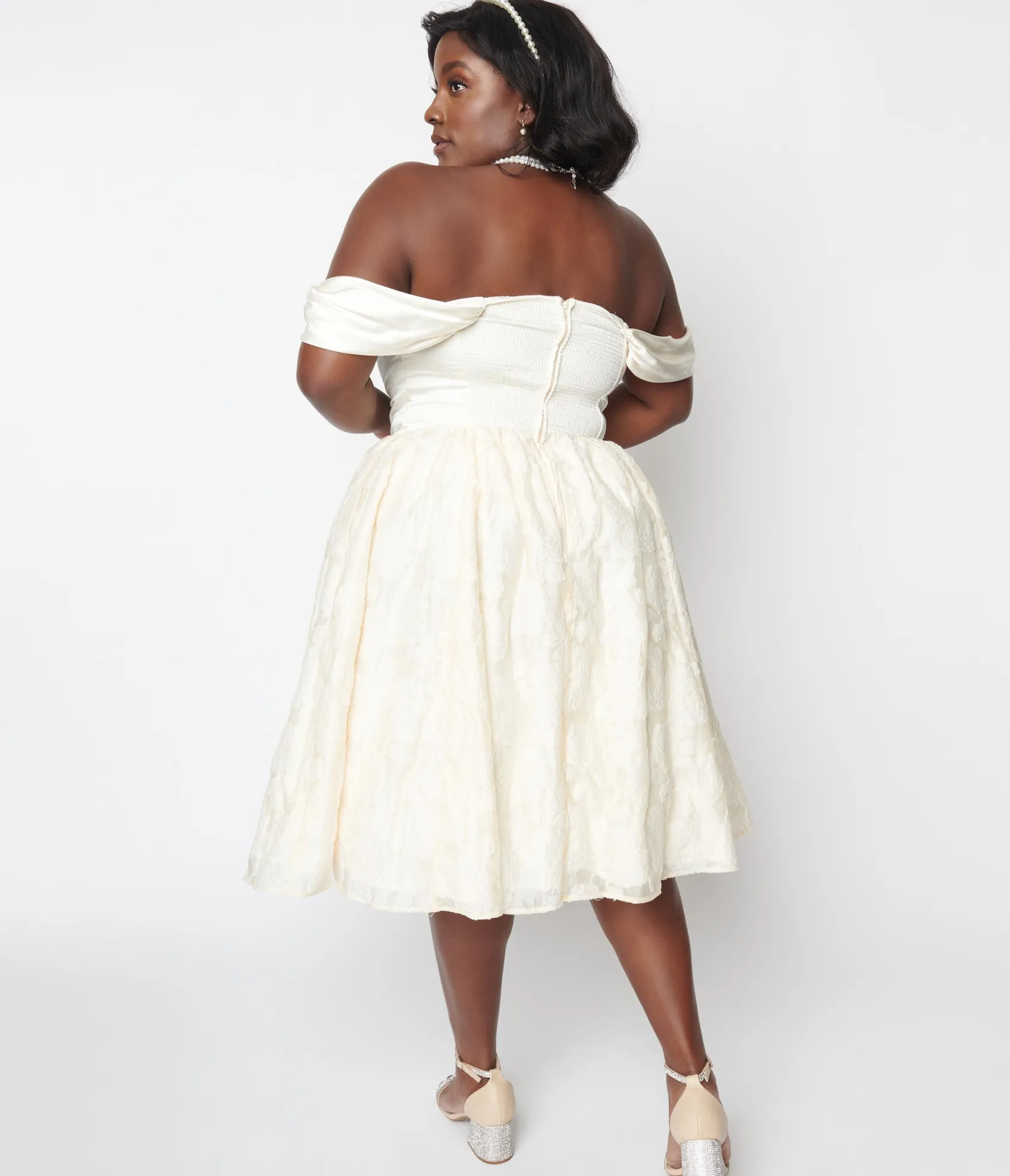 Unique Vintage Plus Size 1950s Ivory Floral Off Shoulder Flare Dress Sale