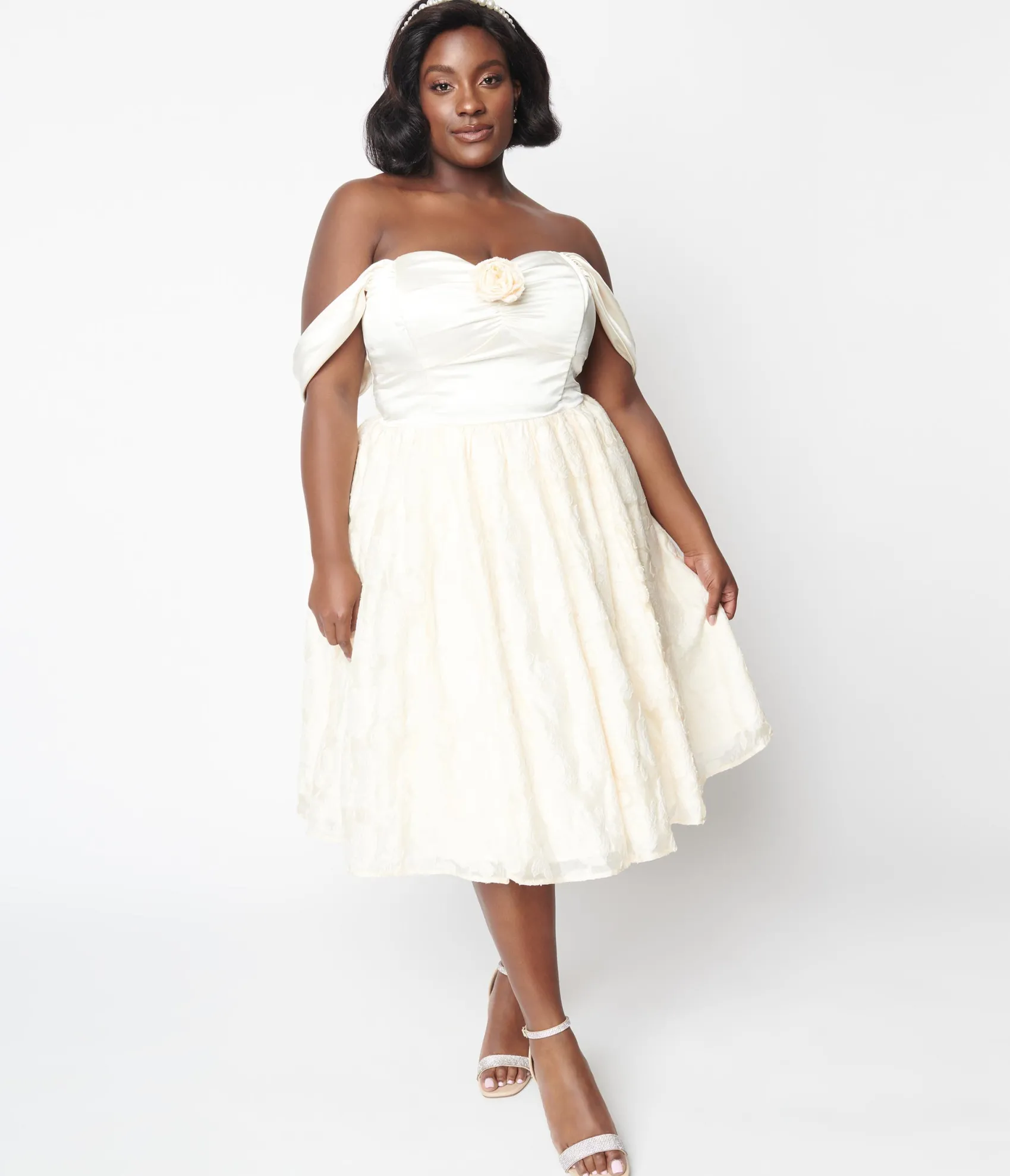 Unique Vintage Plus Size 1950s Ivory Floral Off Shoulder Flare Dress Sale