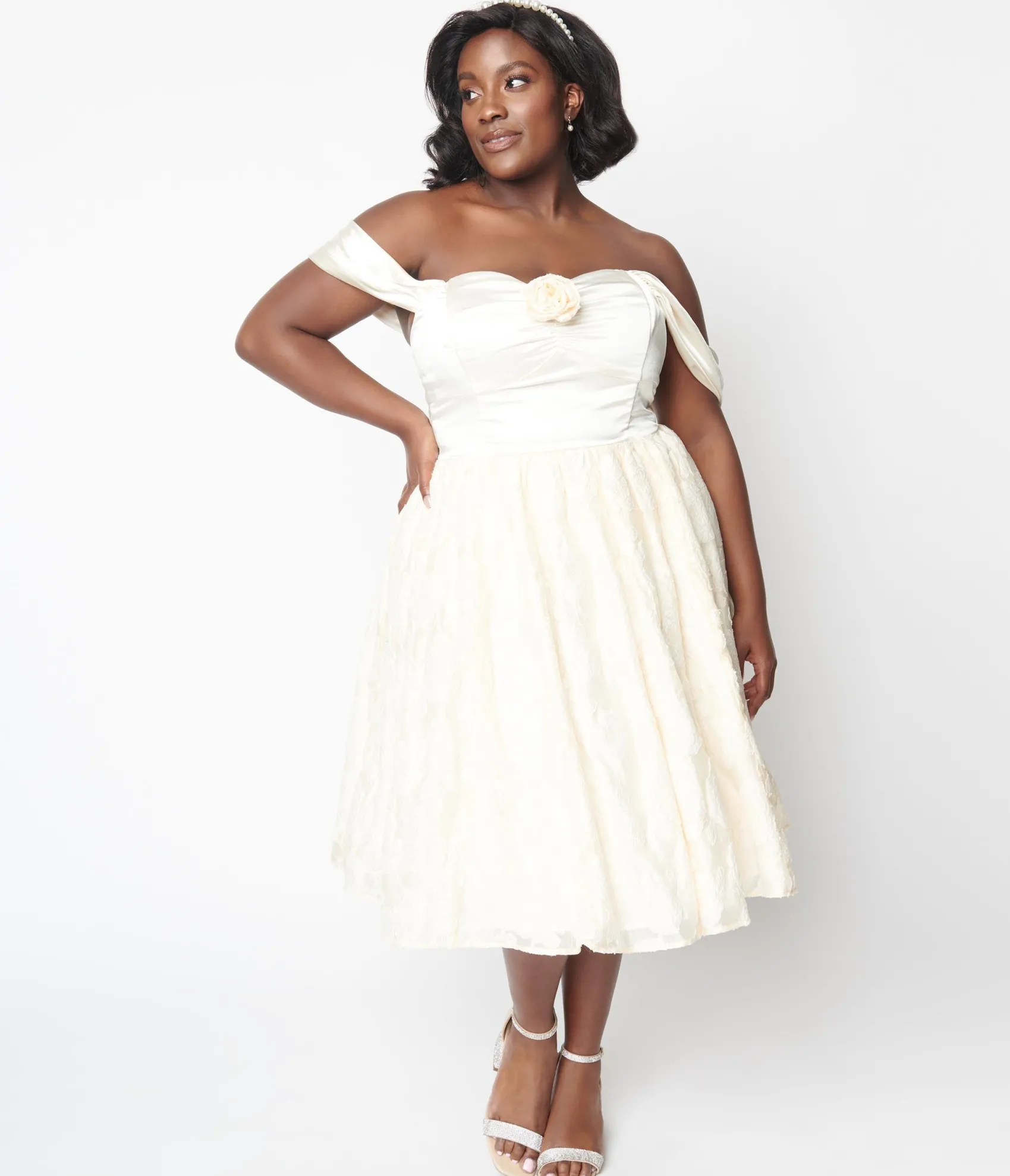 Unique Vintage Plus Size 1950s Ivory Floral Off Shoulder Flare Dress Sale