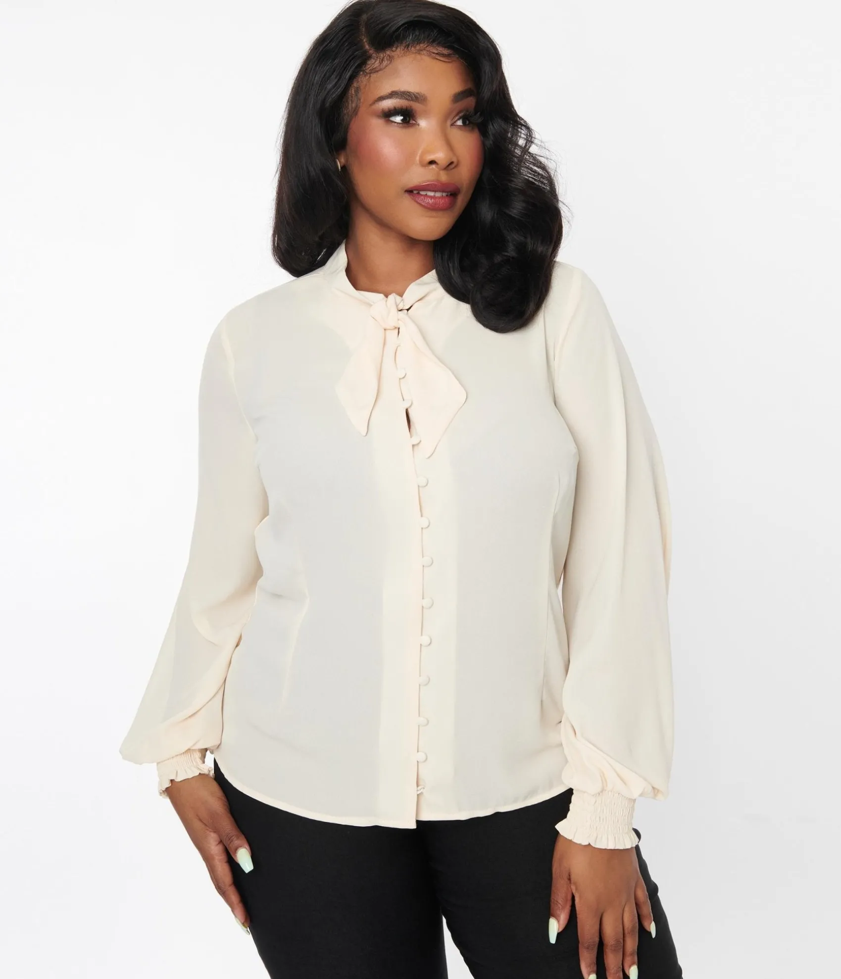 Unique Vintage Plus Size 1940s Ivory Neck Tie Blouse Shop