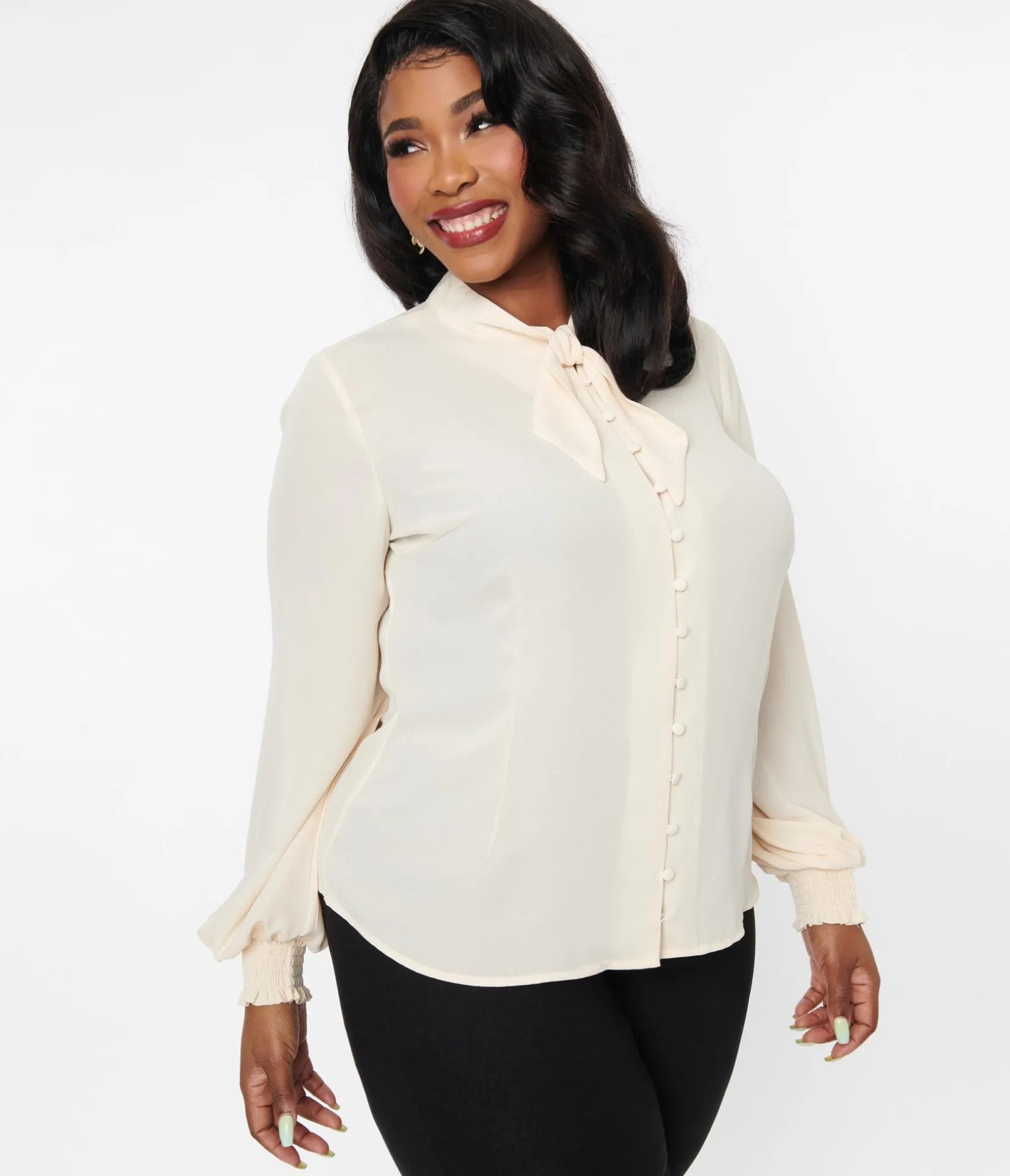 Unique Vintage Plus Size 1940s Ivory Neck Tie Blouse Shop