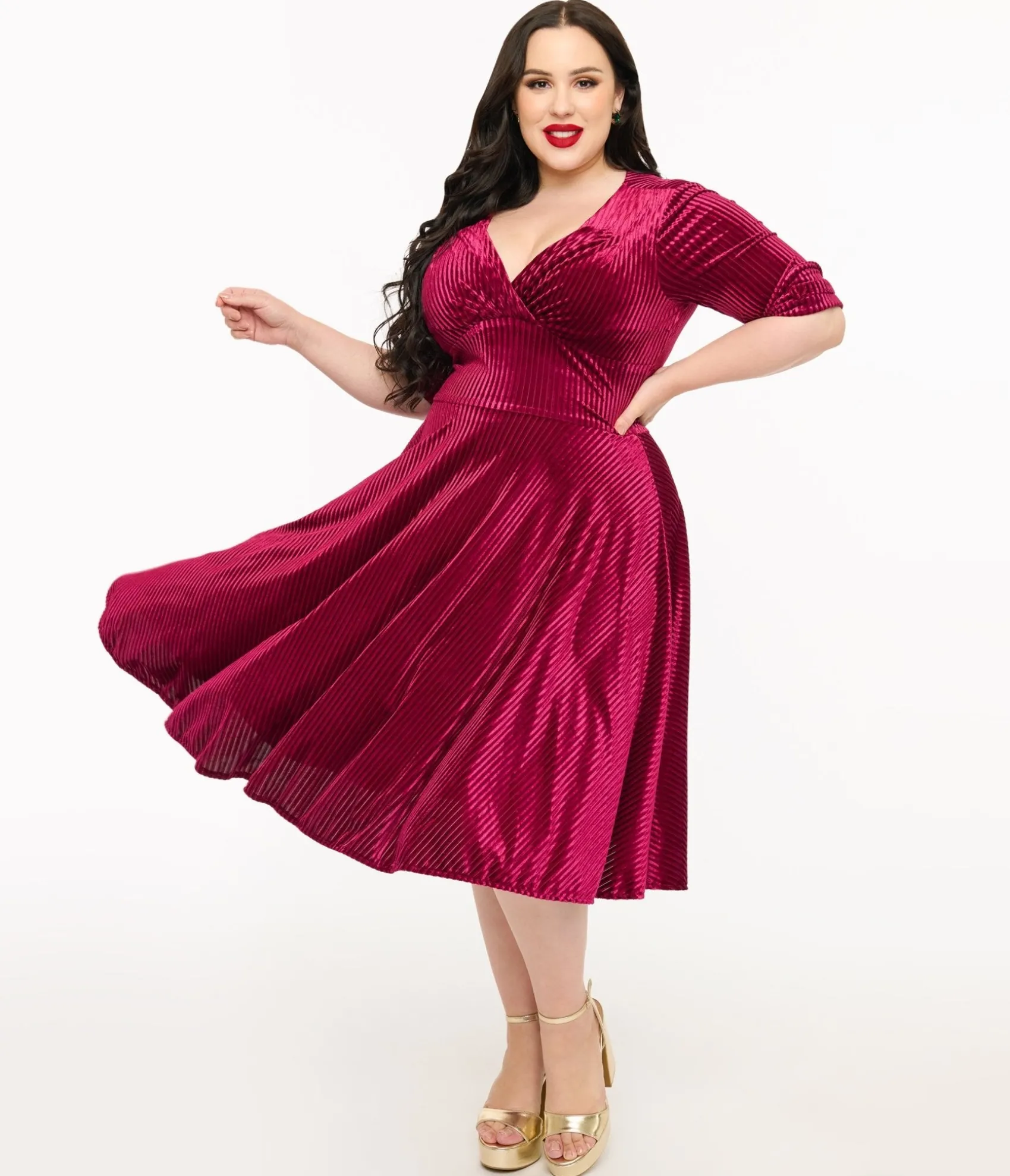 Unique Vintage Plus Size 1950s Merlot Textured Velvet Delores Swing Dress Discount