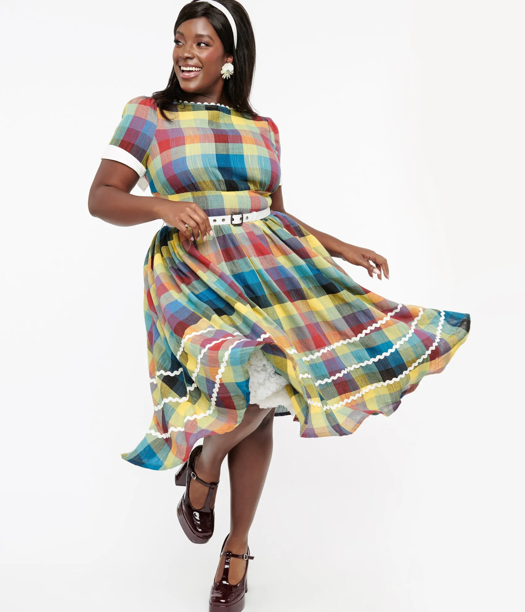Unique Vintage Plus Size 1950s Multicolor Plaid Cotton Swing Dress Cheap