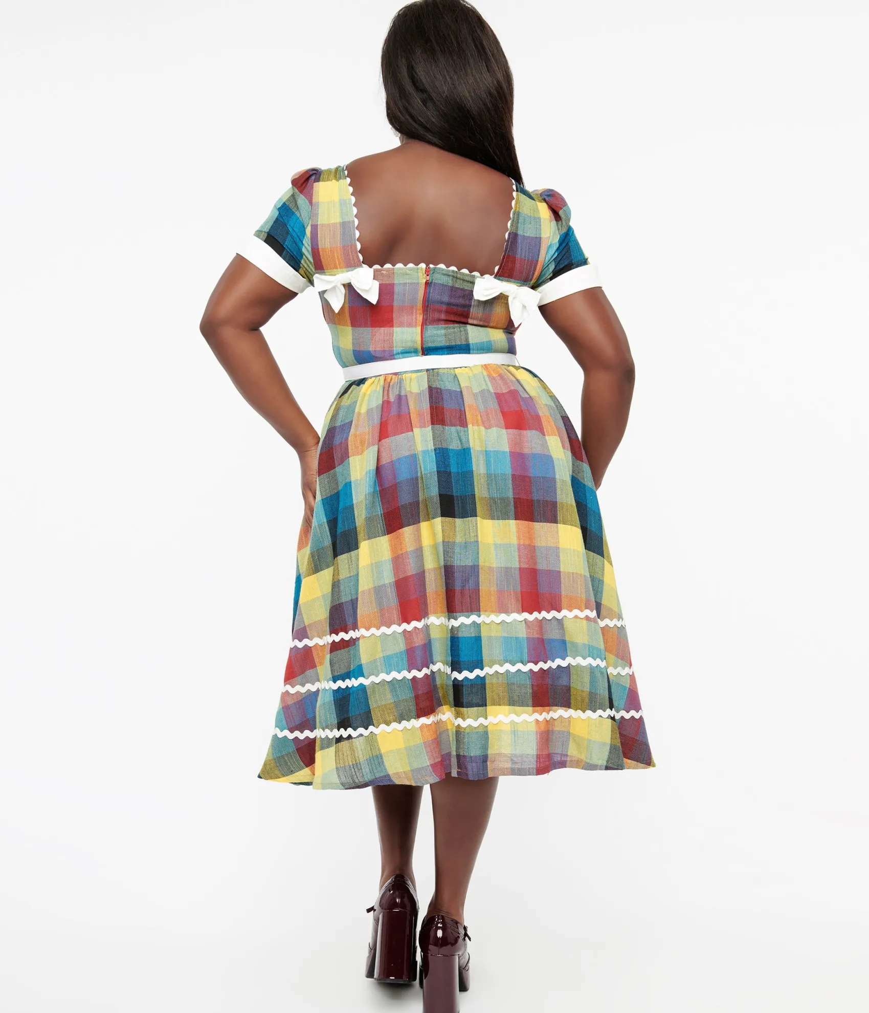 Unique Vintage Plus Size 1950s Multicolor Plaid Cotton Swing Dress Cheap