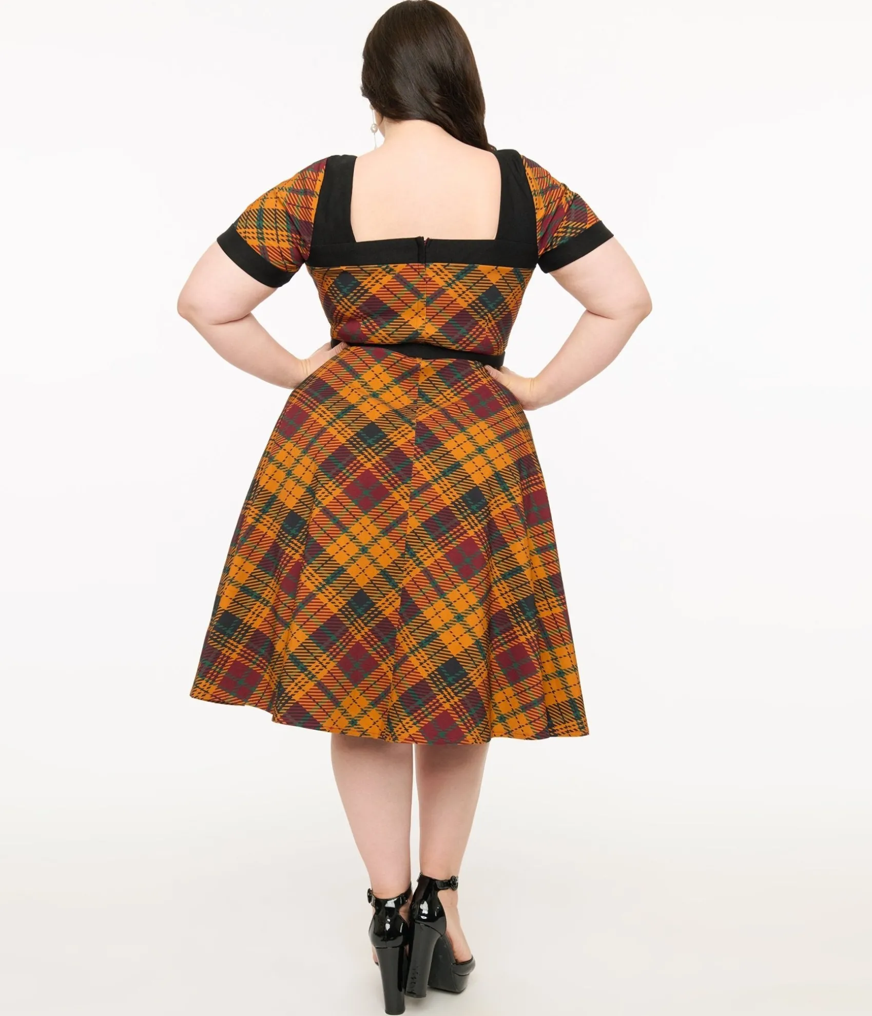 Unique Vintage Plus Size 1950s Mustard Yellow & Burgundy Plaid Swing Dress Sale