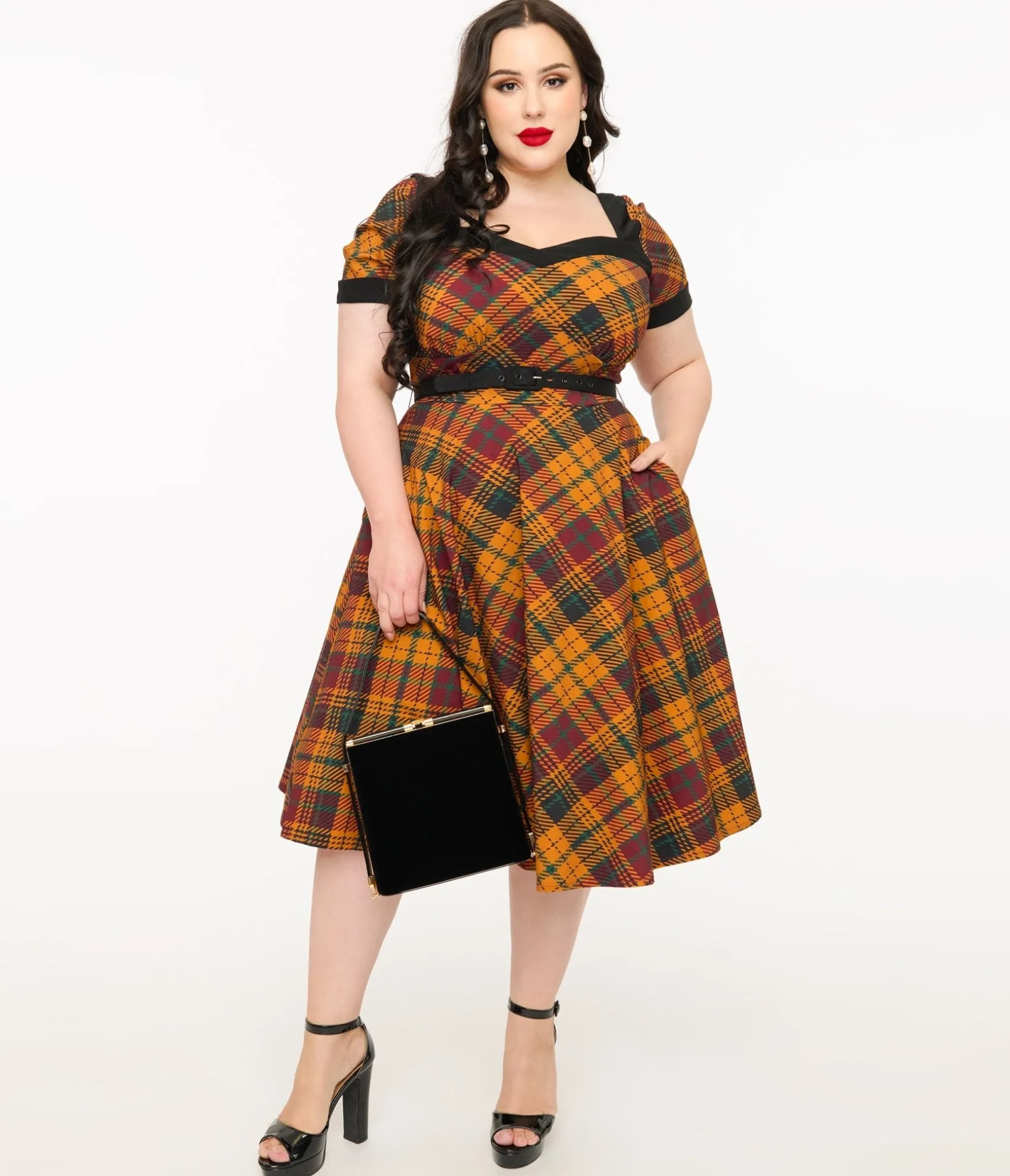 Unique Vintage Plus Size 1950s Mustard Yellow & Burgundy Plaid Swing Dress Sale