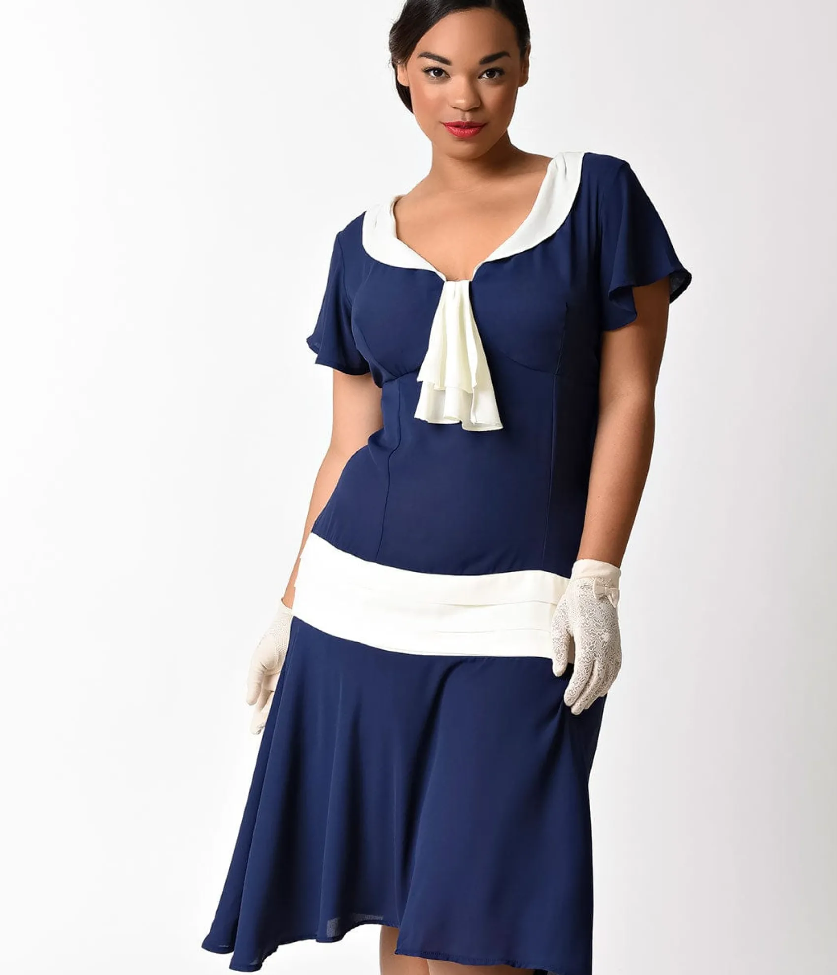 Unique Vintage Plus Size 1920s Navy Blue & Ivory Wilshire Flapper Day Dress Best