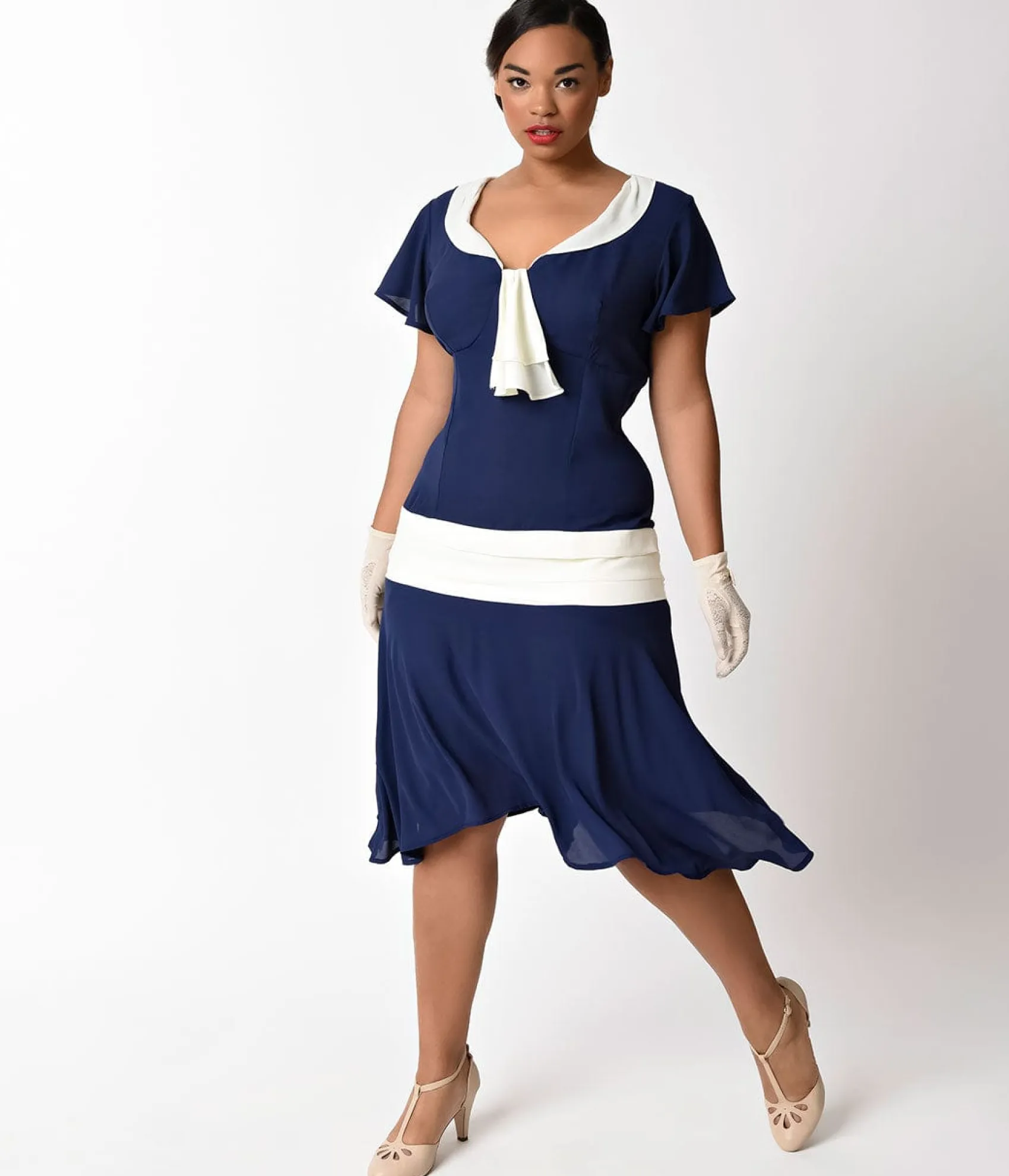 Unique Vintage Plus Size 1920s Navy Blue & Ivory Wilshire Flapper Day Dress Best
