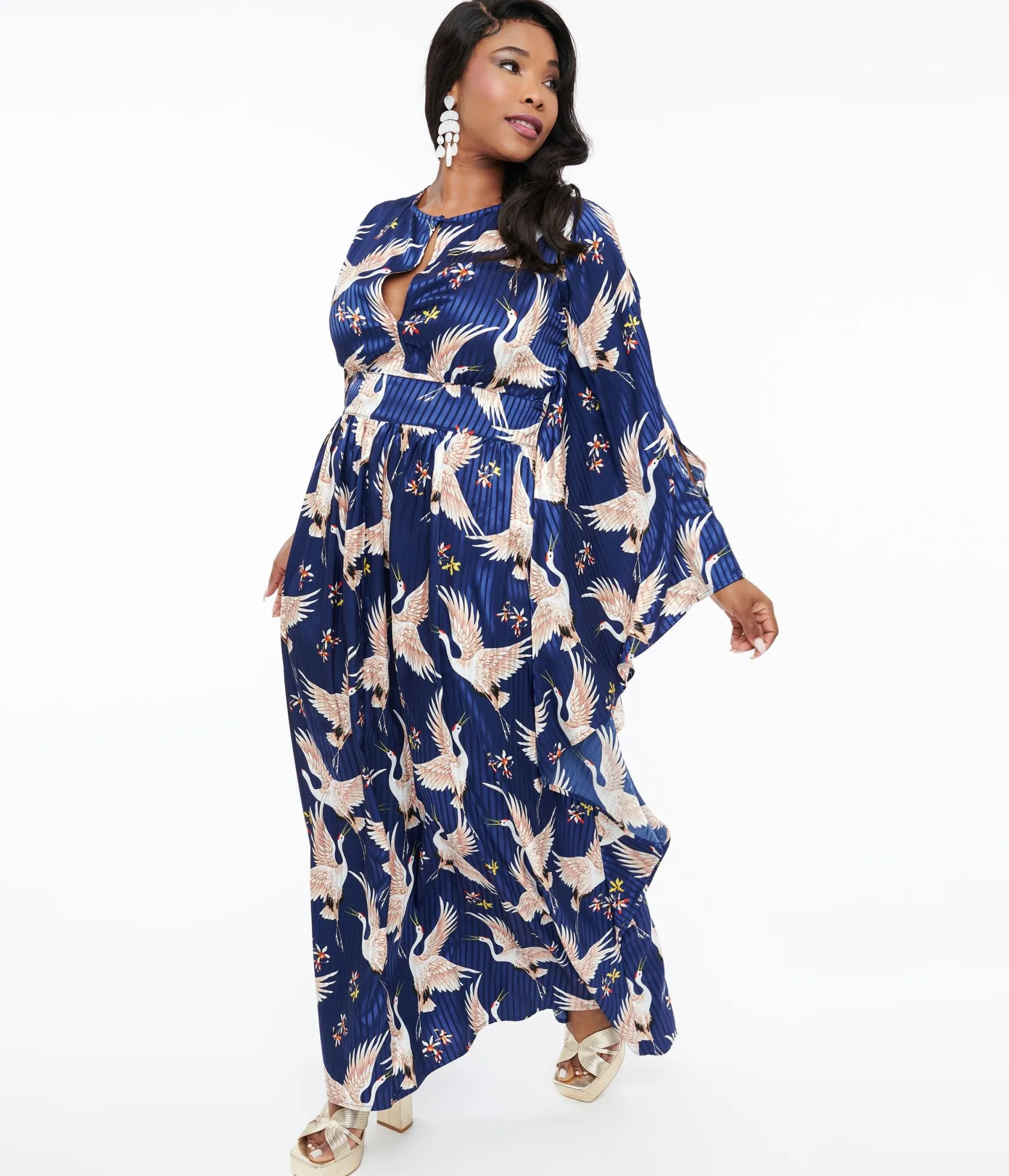 Unique Vintage Plus Size 1960s Navy Crane Flutter Sleeve Caftan Online