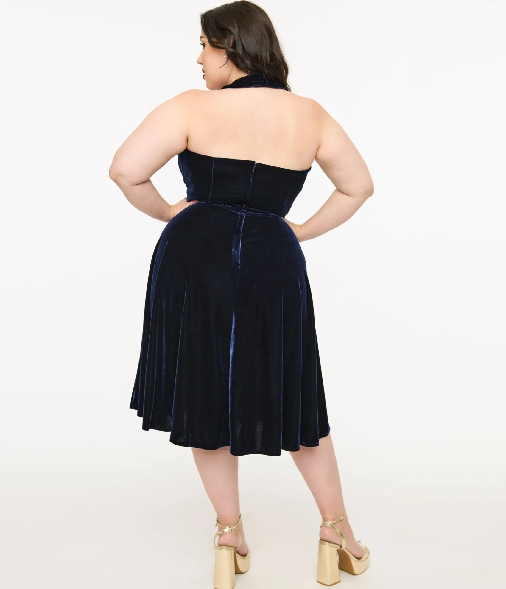 Unique Vintage Plus Size 1950s Navy Velvet Criss Cross Halter Rita Flare Dress Cheap