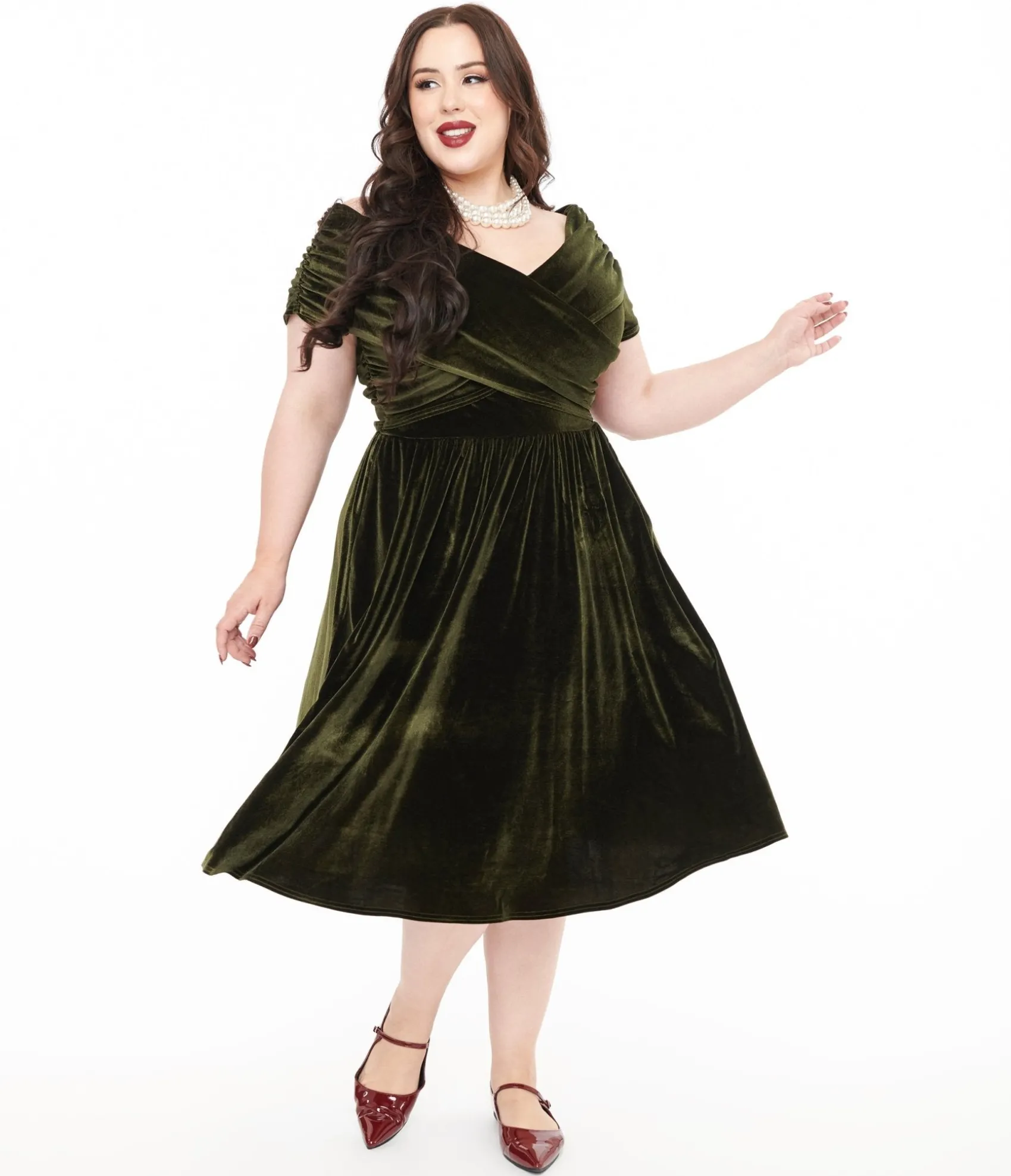Unique Vintage Plus Size 1950s Olive Green Shirred Velvet Swing Dress Online