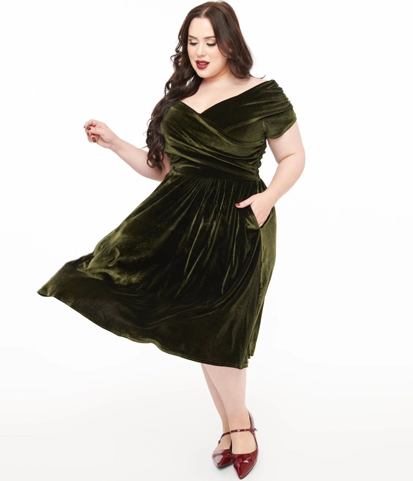 Unique Vintage Plus Size 1950s Olive Green Shirred Velvet Swing Dress Online