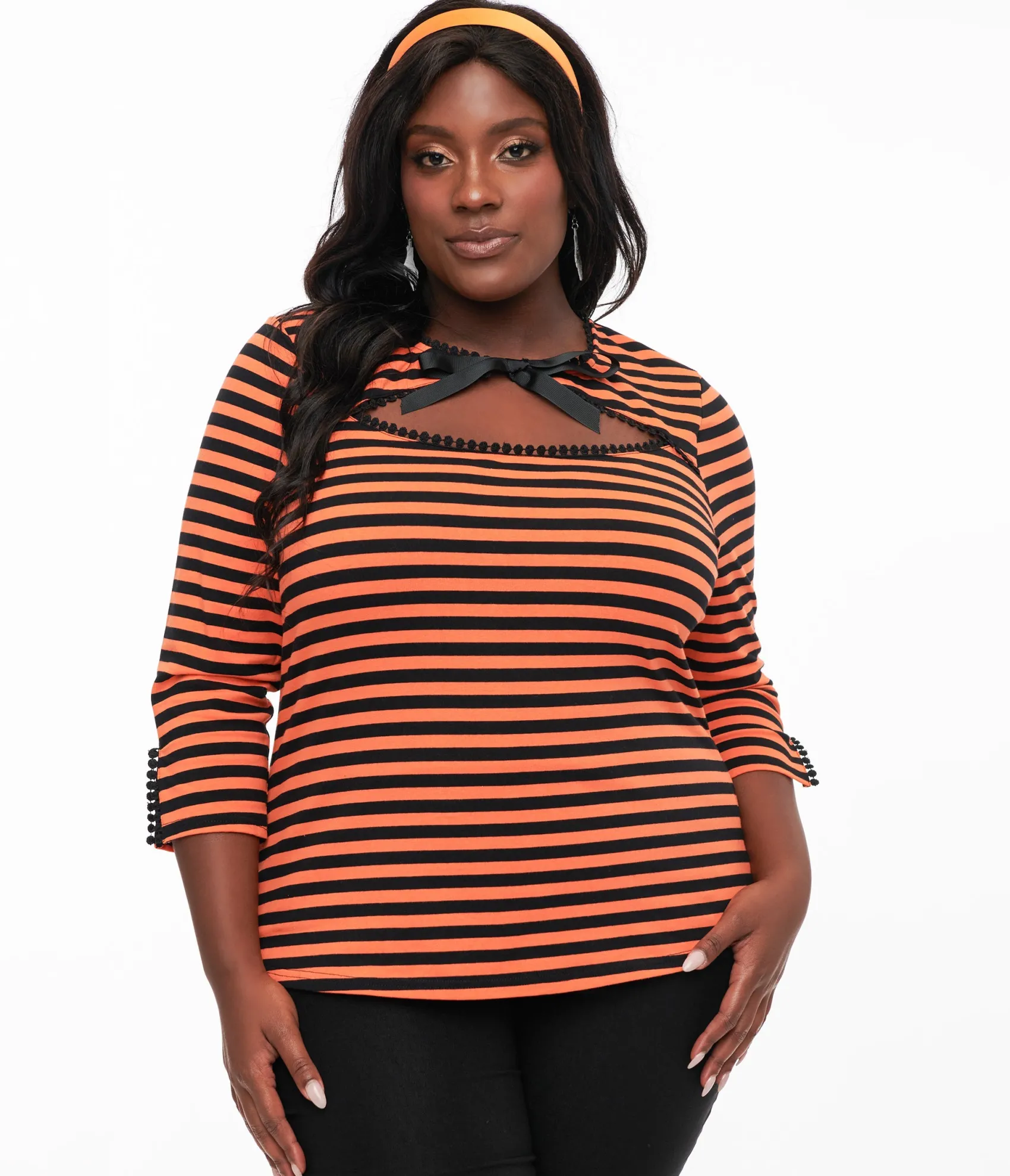 Unique Vintage Plus Size 1950s Orange & Black Stripe Cutout Neck Tie Top Shop