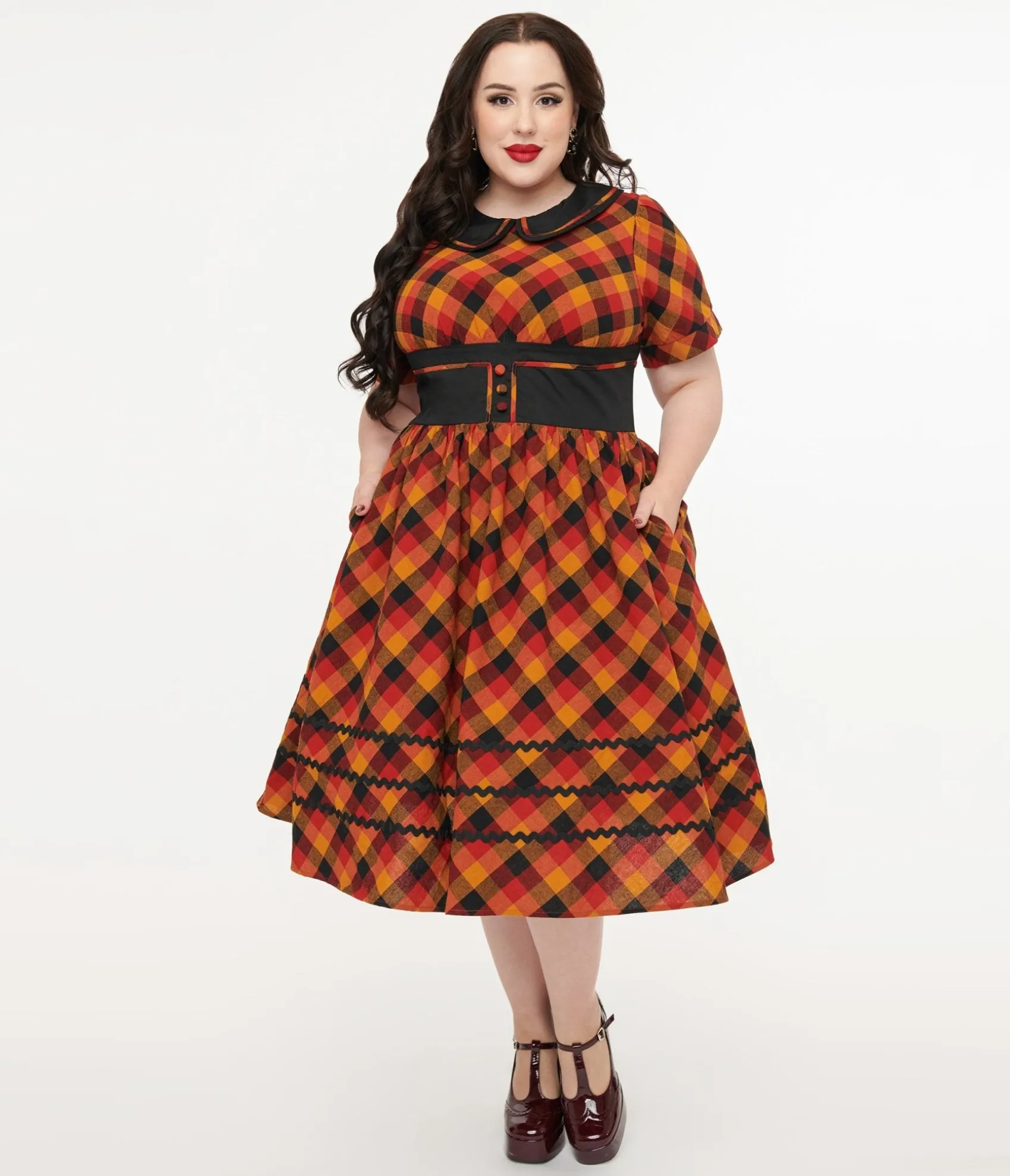 Unique Vintage Plus Size 1950s Orange & Red Plaid Peter Pan Collar Swing Dress Store
