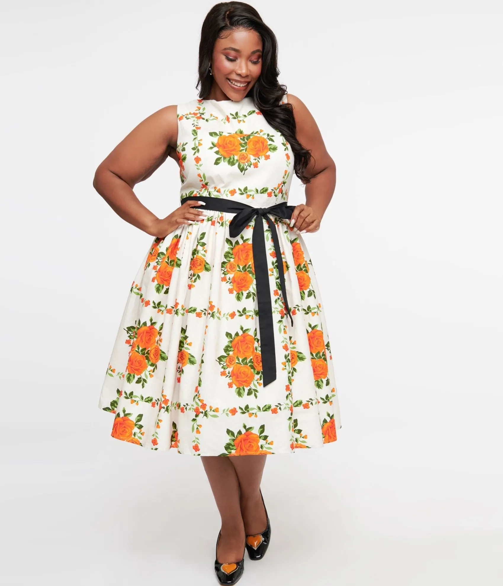 Unique Vintage Plus Size 1950s Orange Fall Floral Sleeveless Swing Dress Outlet