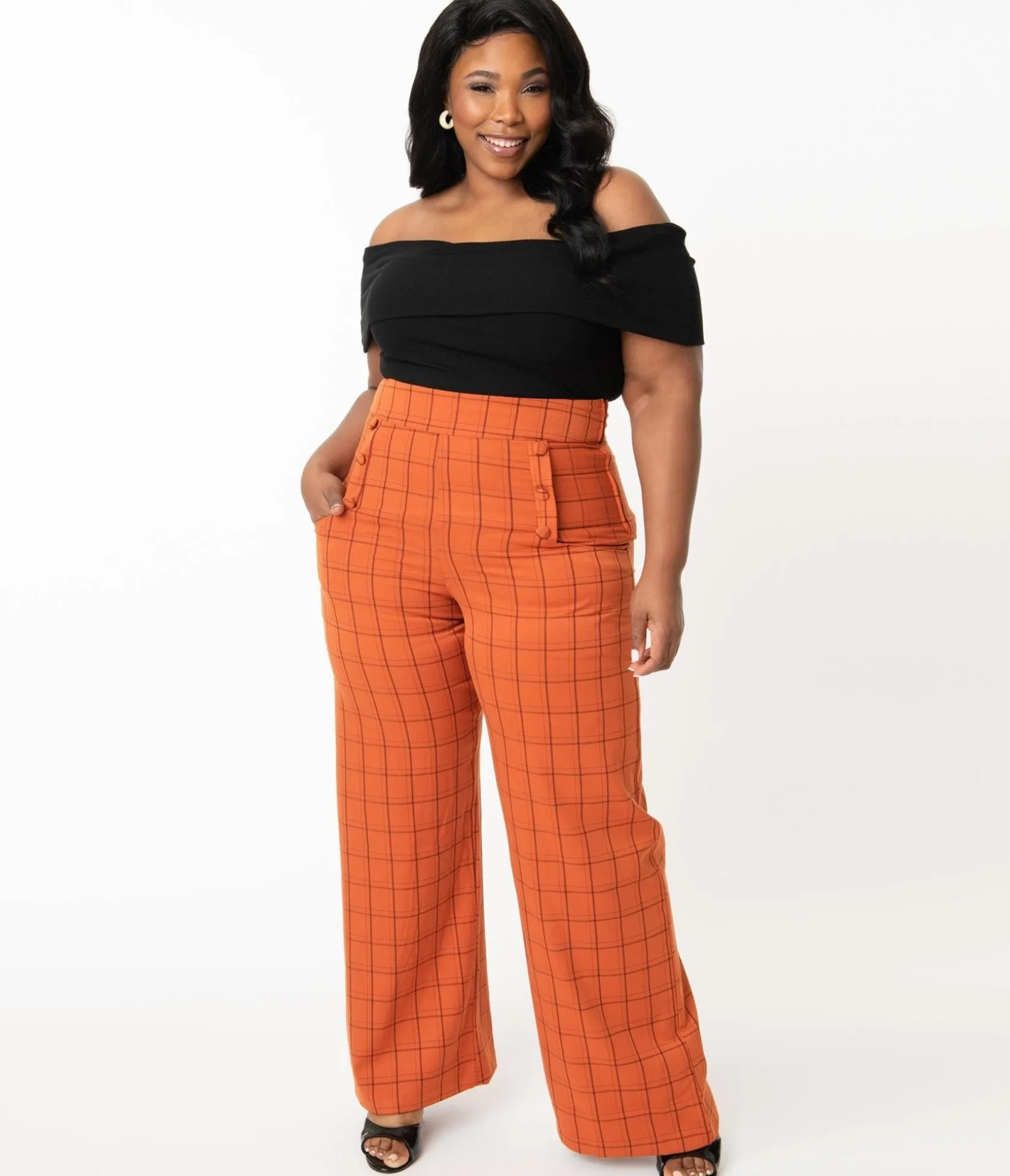Unique Vintage Plus Size 1940s Orange Windowpane High Waist Ginger Pants Flash Sale