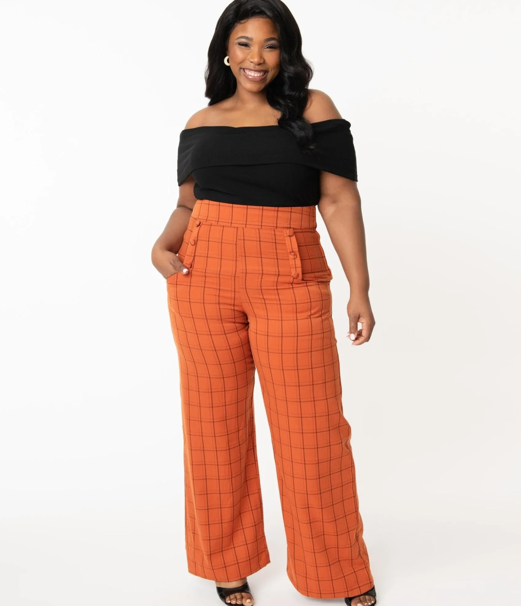 Unique Vintage Plus Size 1940s Orange Windowpane High Waist Ginger Pants Flash Sale