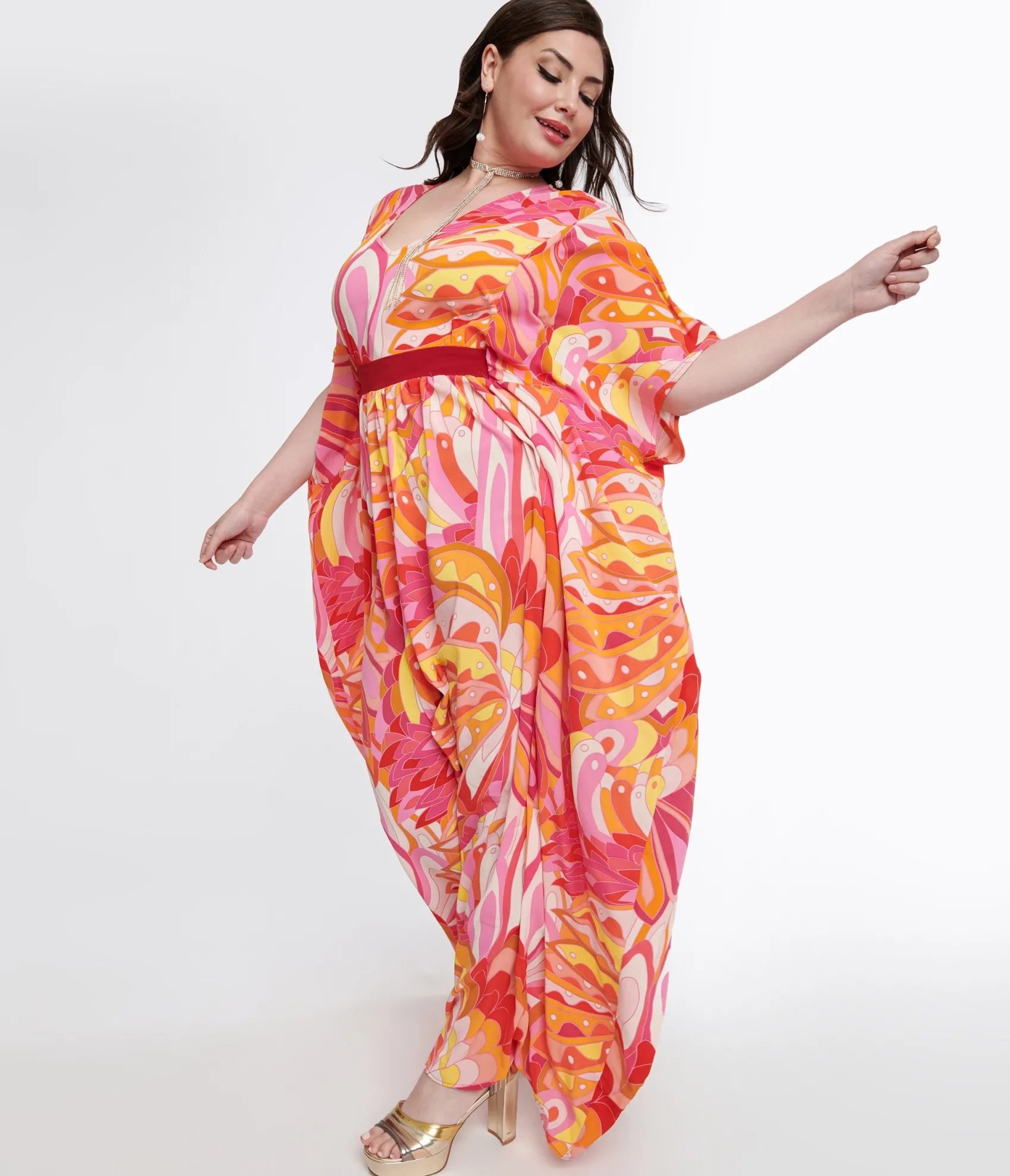 Unique Vintage Plus Size 1970s Pink & Orange Psychedelic Print Caftan Jumpsuit Flash Sale