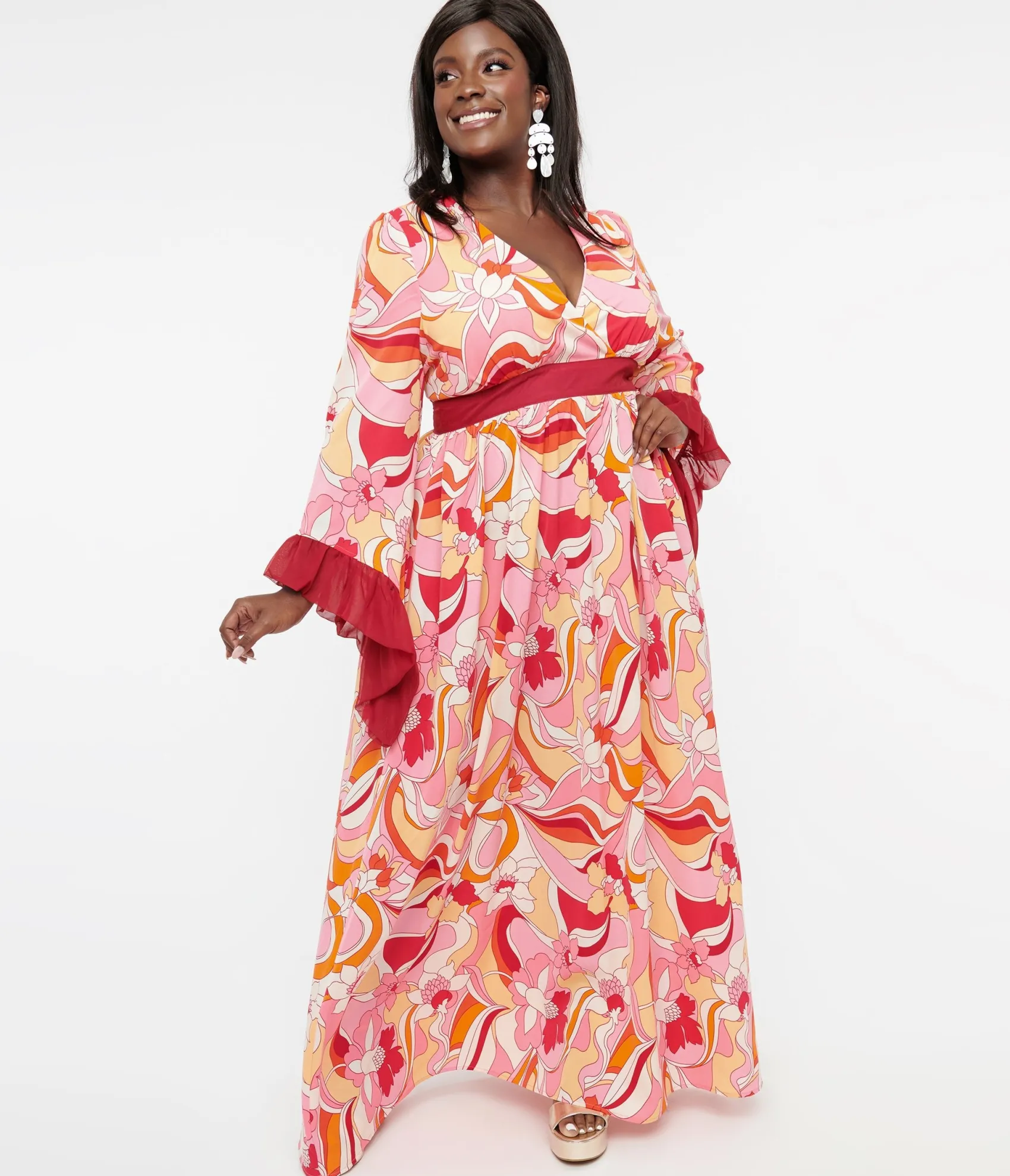 Unique Vintage Plus Size 1970s Pink & Red Psychedelic Floral Maxi Dress New