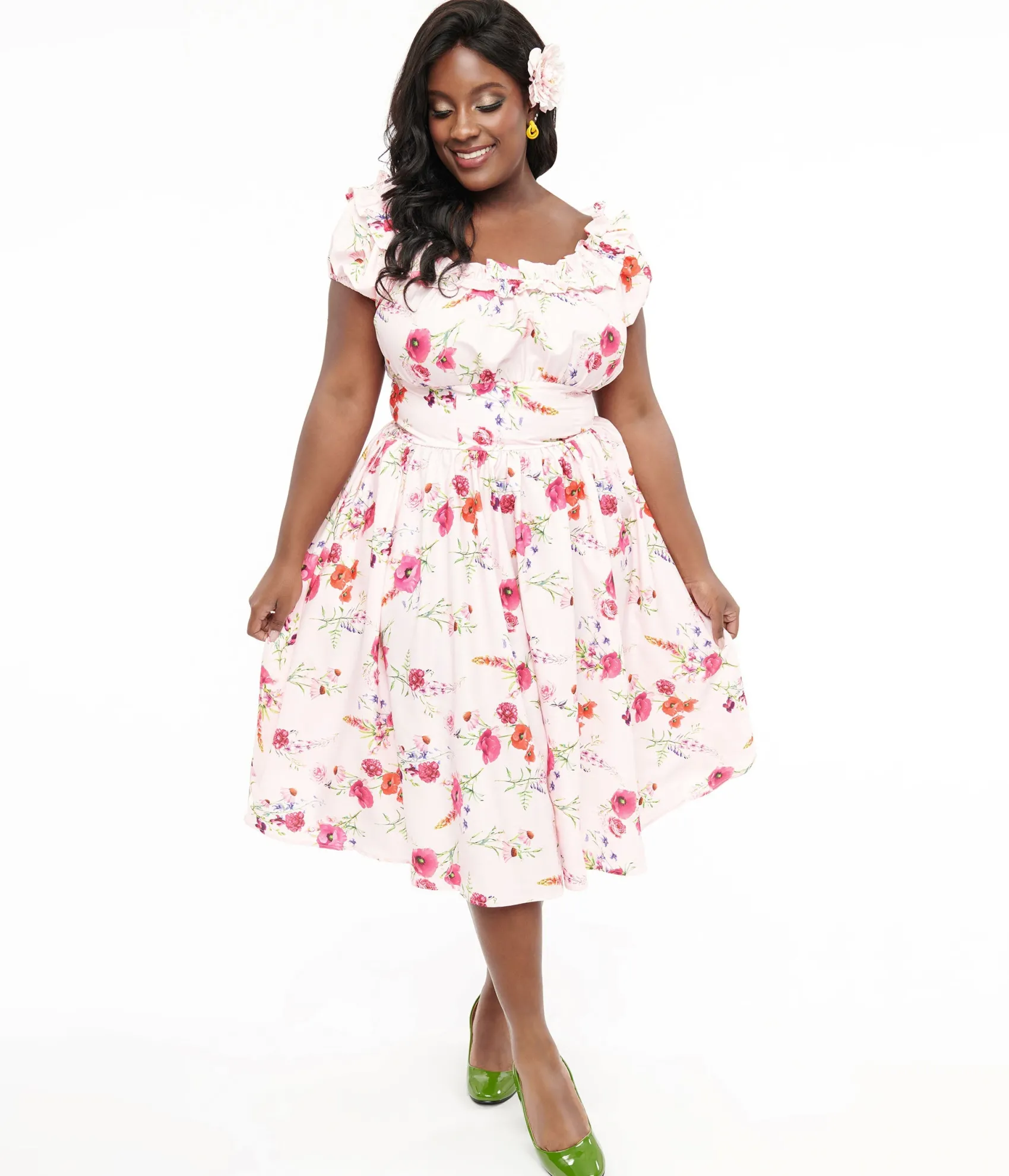 Unique Vintage Plus Size 1950s Pink Floral Off The Shoulder Ruffle Swing Dress Shop