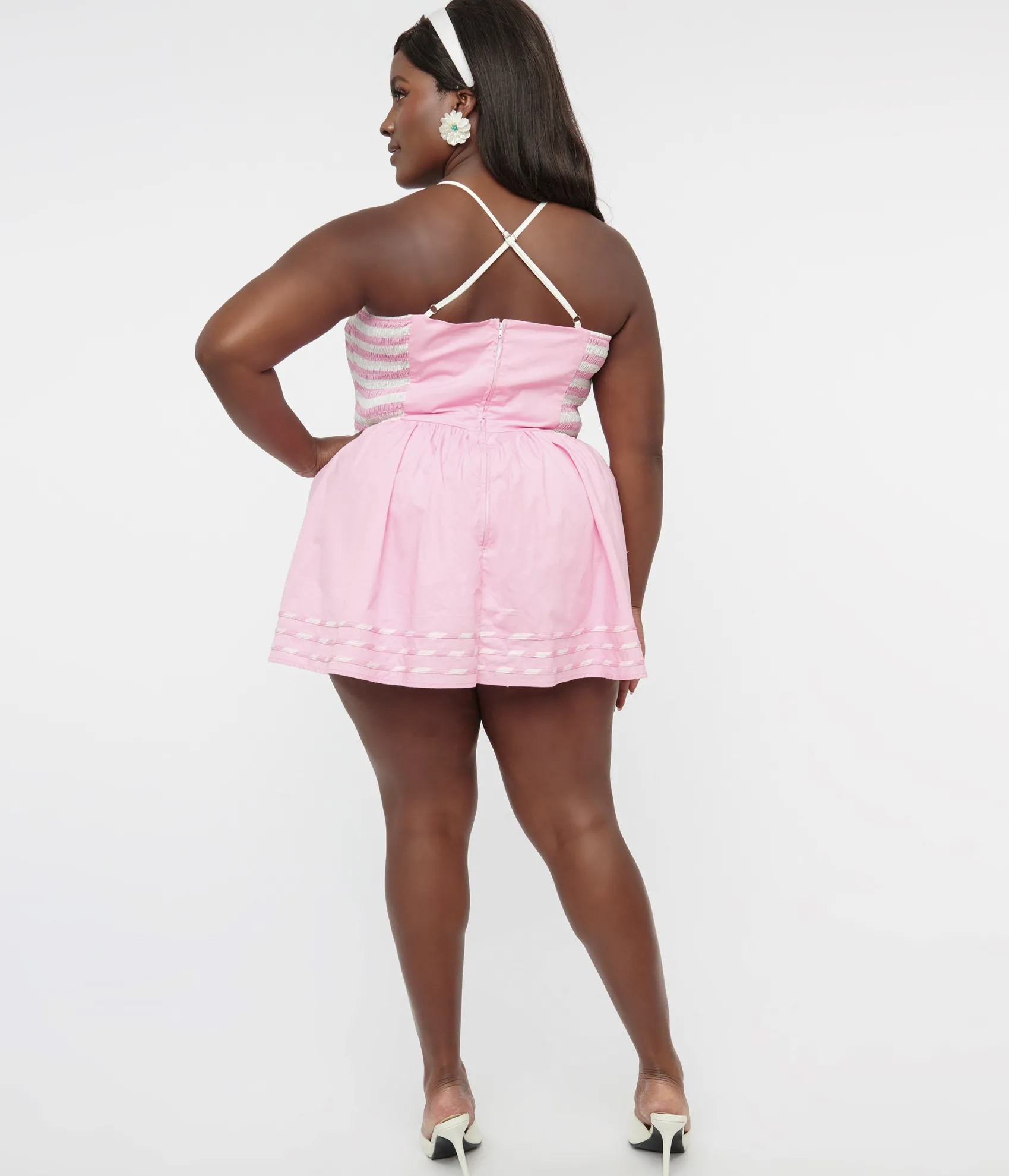 Unique Vintage Plus Size 1940s Pink Heart Smocked Cotton Skirted Romper Clearance
