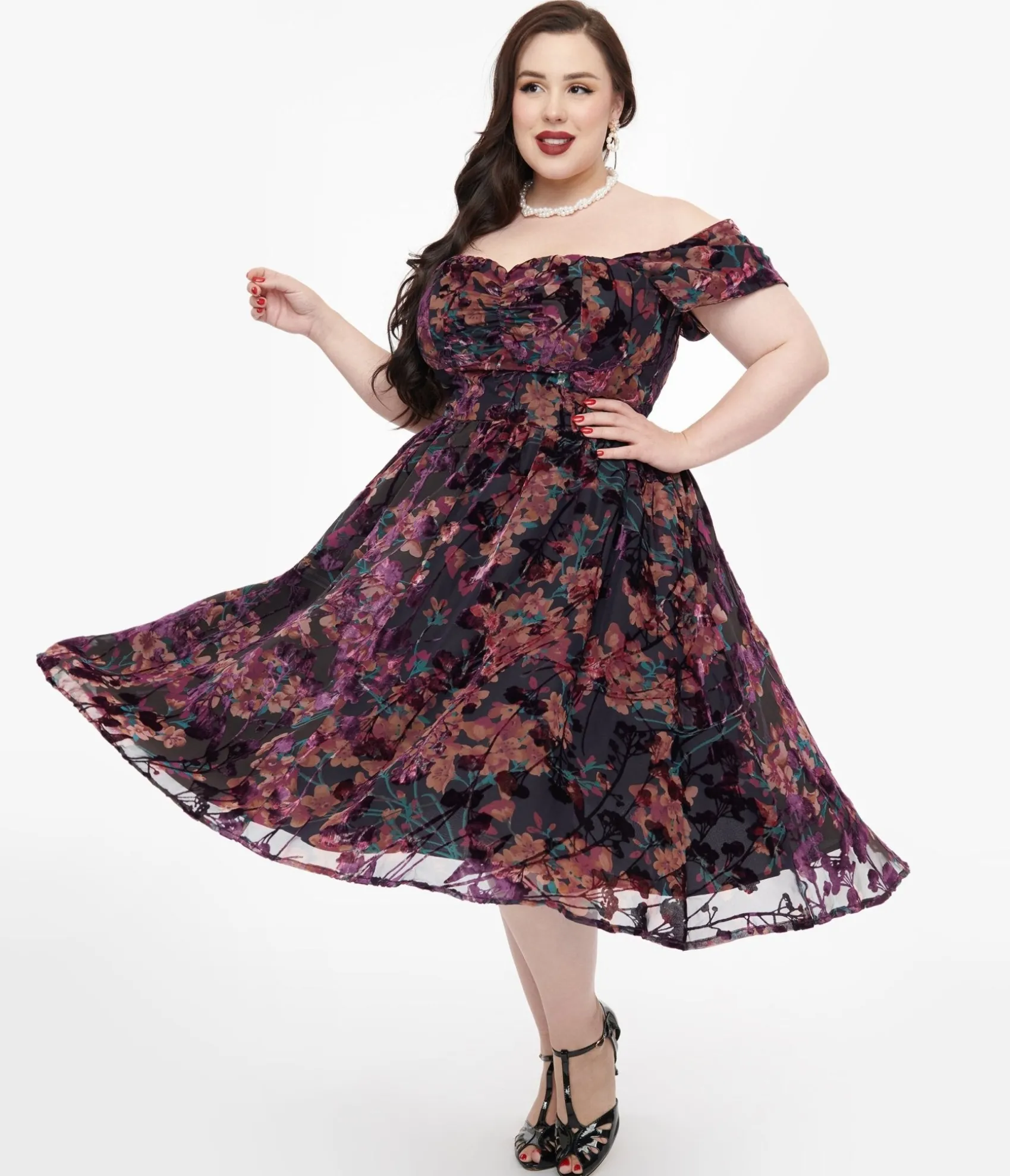 Unique Vintage Plus Size 1950s Purple Floral Velvet Burnout Off Shoulder Flare Dress Shop