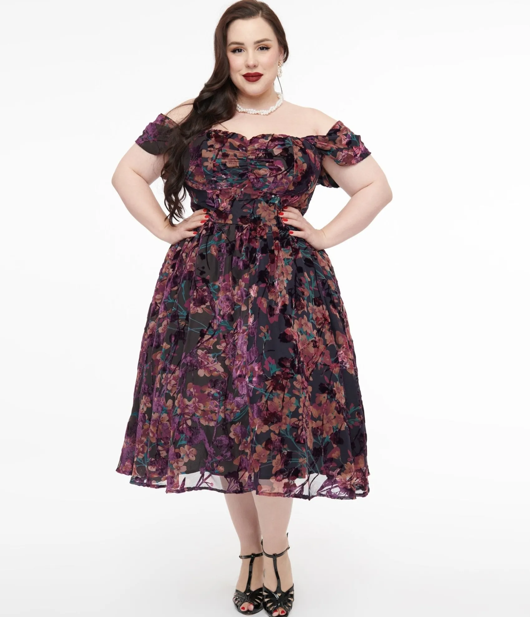 Unique Vintage Plus Size 1950s Purple Floral Velvet Burnout Off Shoulder Flare Dress Shop