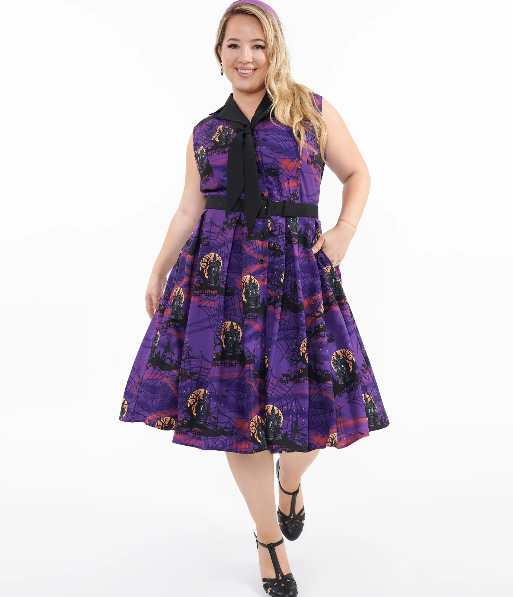 Unique Vintage Plus Size 1950s Purple Halloween Print Edith Swing Dress Sale