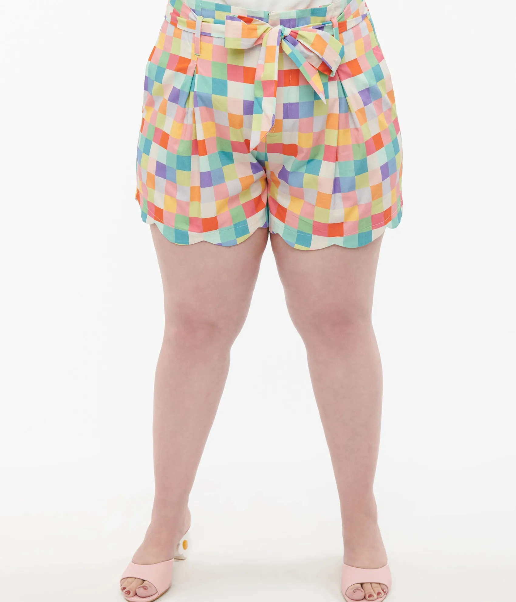 Unique Vintage Plus Size 1940s Rainbow Pastel Check Cotton High Waist Shorts New