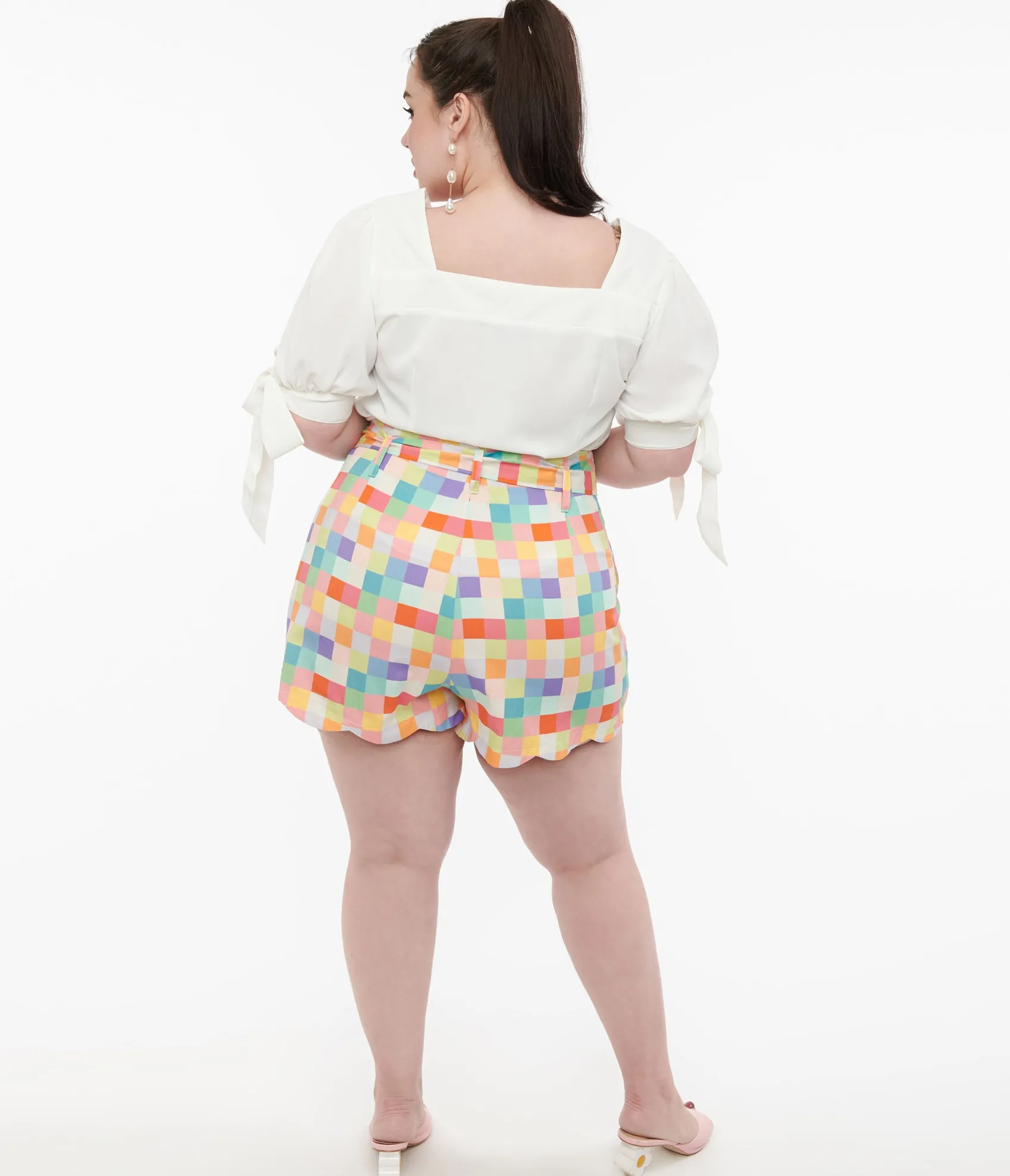Unique Vintage Plus Size 1940s Rainbow Pastel Check Cotton High Waist Shorts New