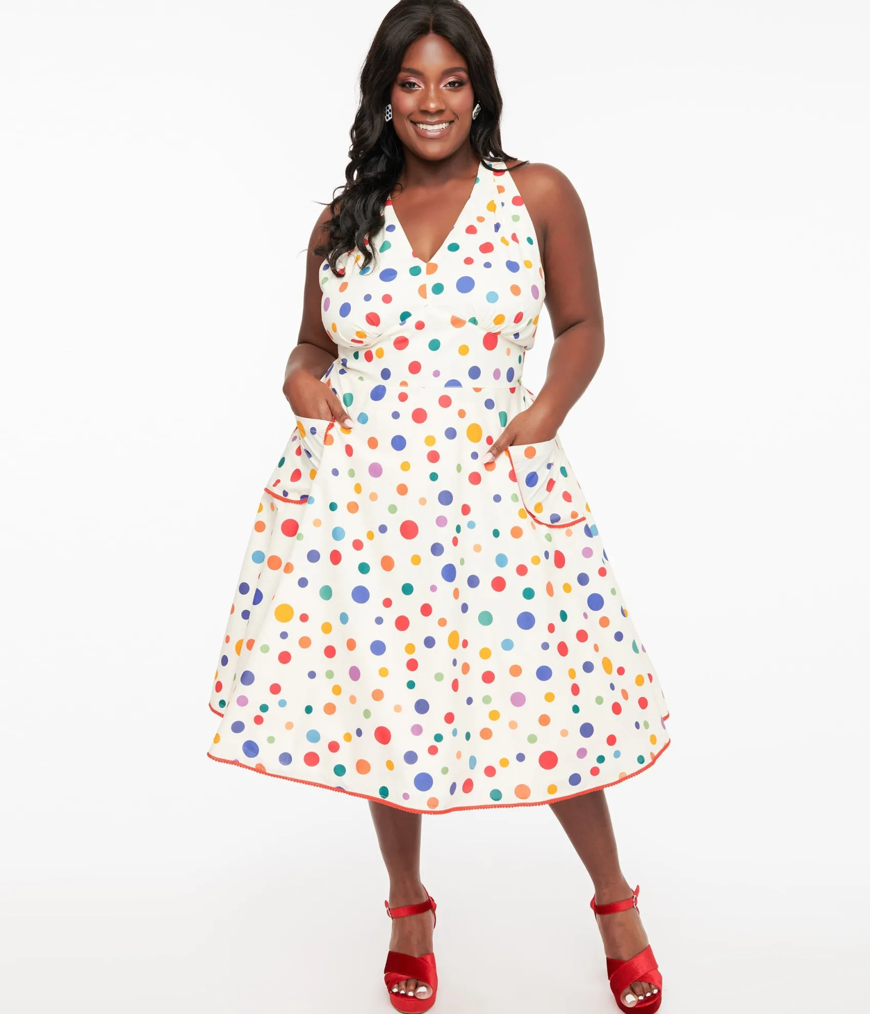 Unique Vintage Plus Size 1950s Rainbow Polka Dot Cotton Halter Swing Dress Online