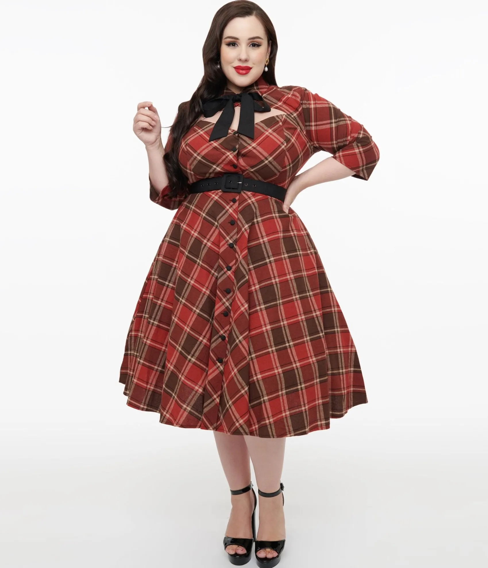 Unique Vintage Plus Size 1950s Red & Brown Bias Plaid Swing Dress Cheap