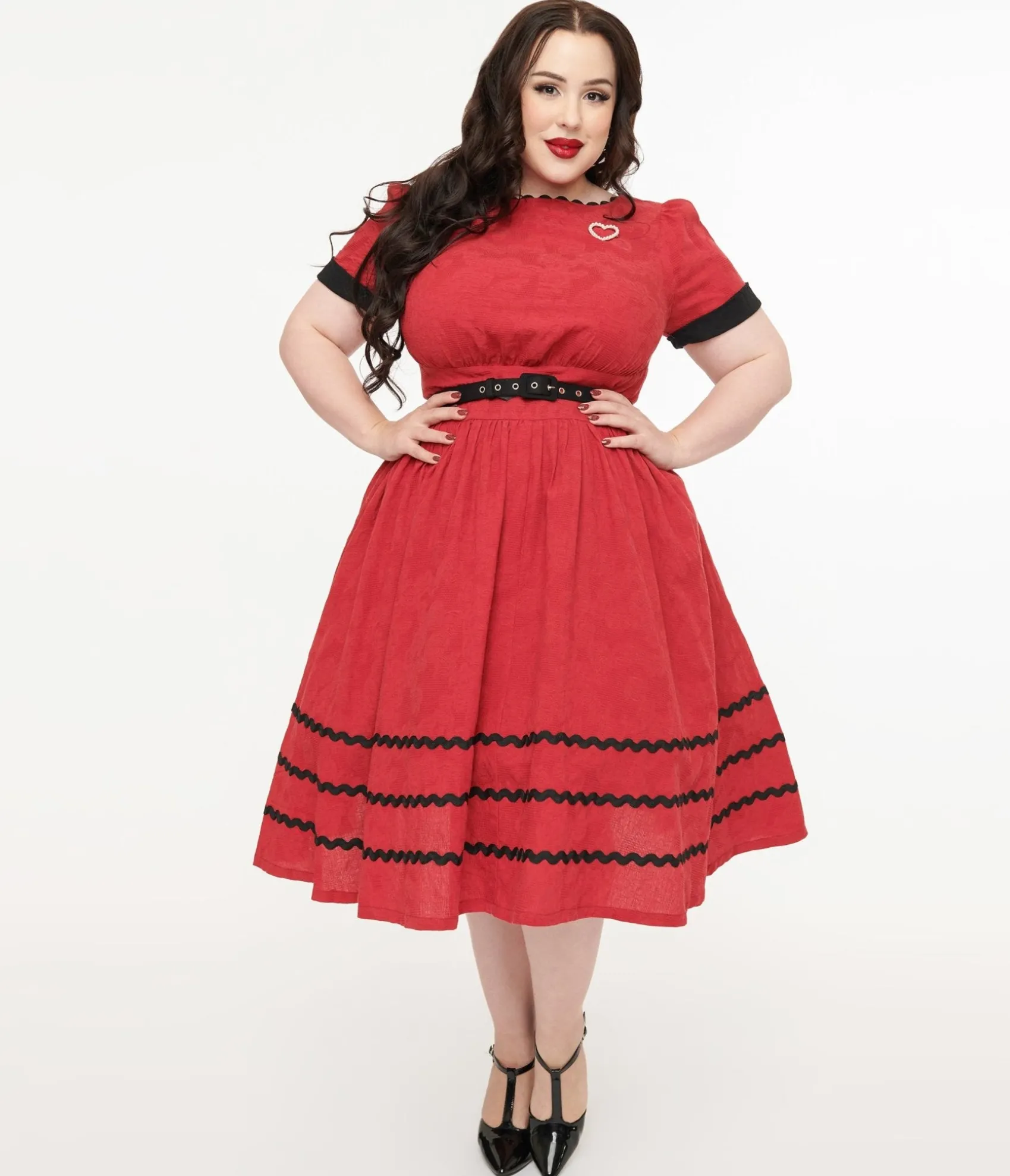Unique Vintage Plus Size 1950s Red & Faux Pearl Heart Pin Cotton Swing Dress Cheap