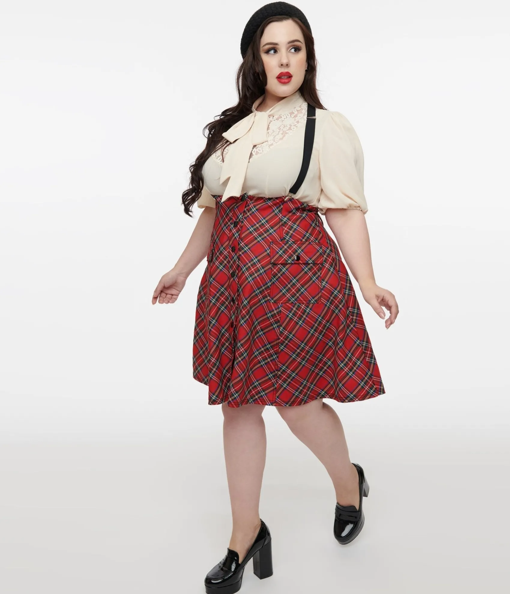 Unique Vintage Plus Size 1950s Red Bias Plaid Suspender Flare Skirt Fashion