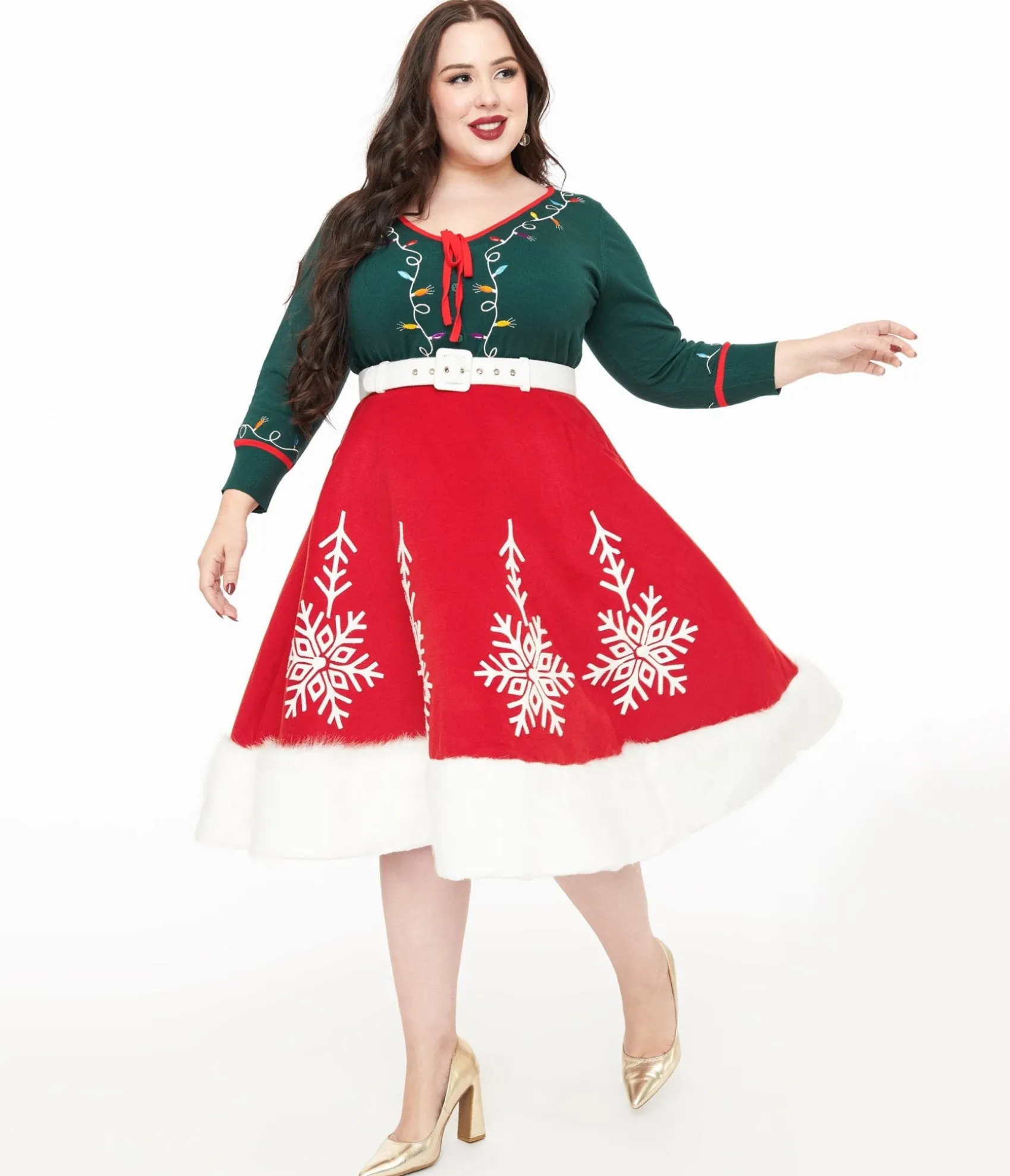 Unique Vintage Plus Size 1950s Red Felt & White Fur Snowflake Soda Shop Swing Skirt Cheap