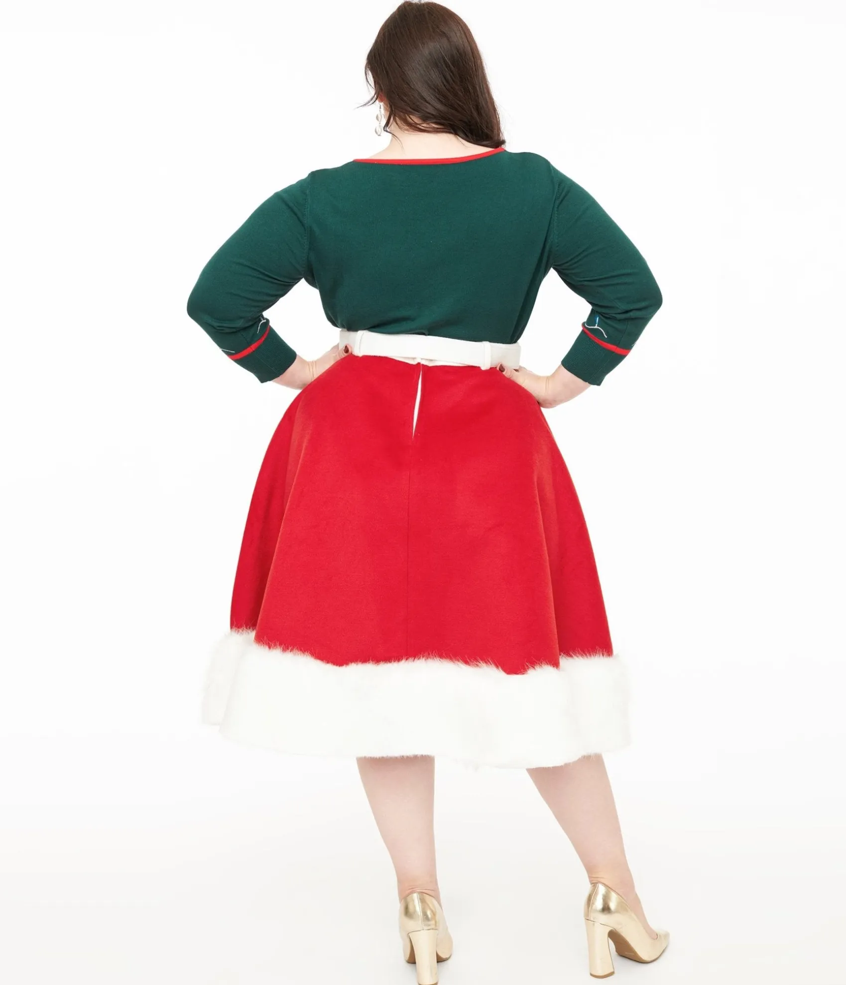 Unique Vintage Plus Size 1950s Red Felt & White Fur Snowflake Soda Shop Swing Skirt Cheap