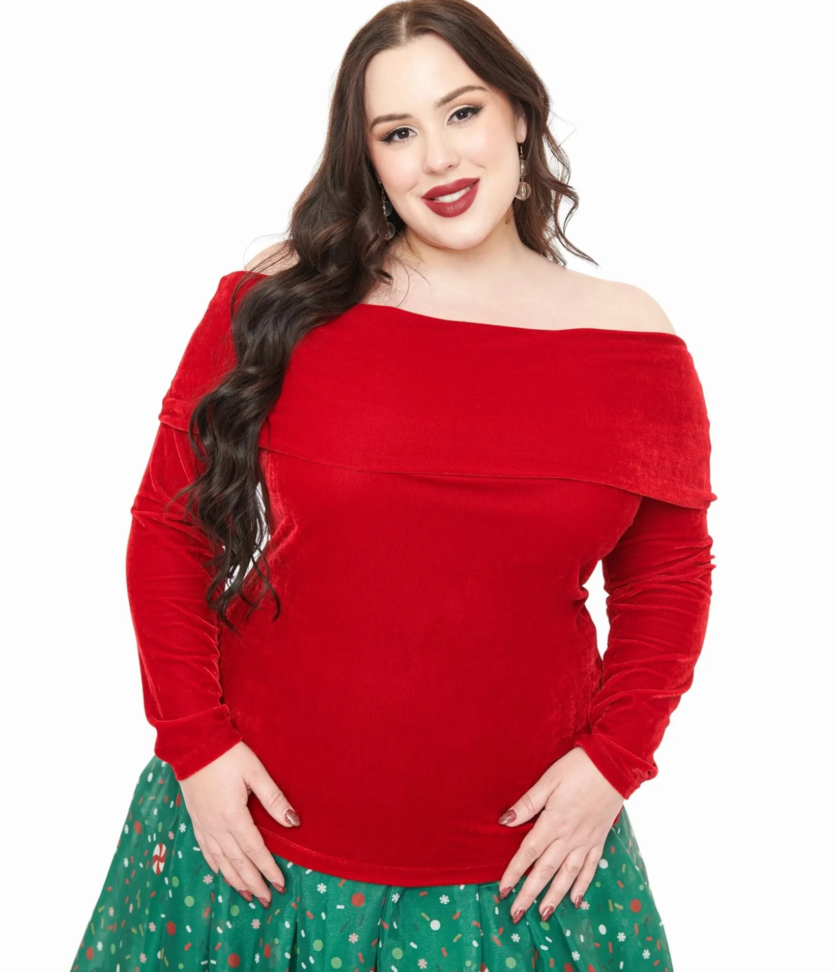 Unique Vintage Plus Size 1960s Red Velvet Folded Shoulder Knit Top Best Sale