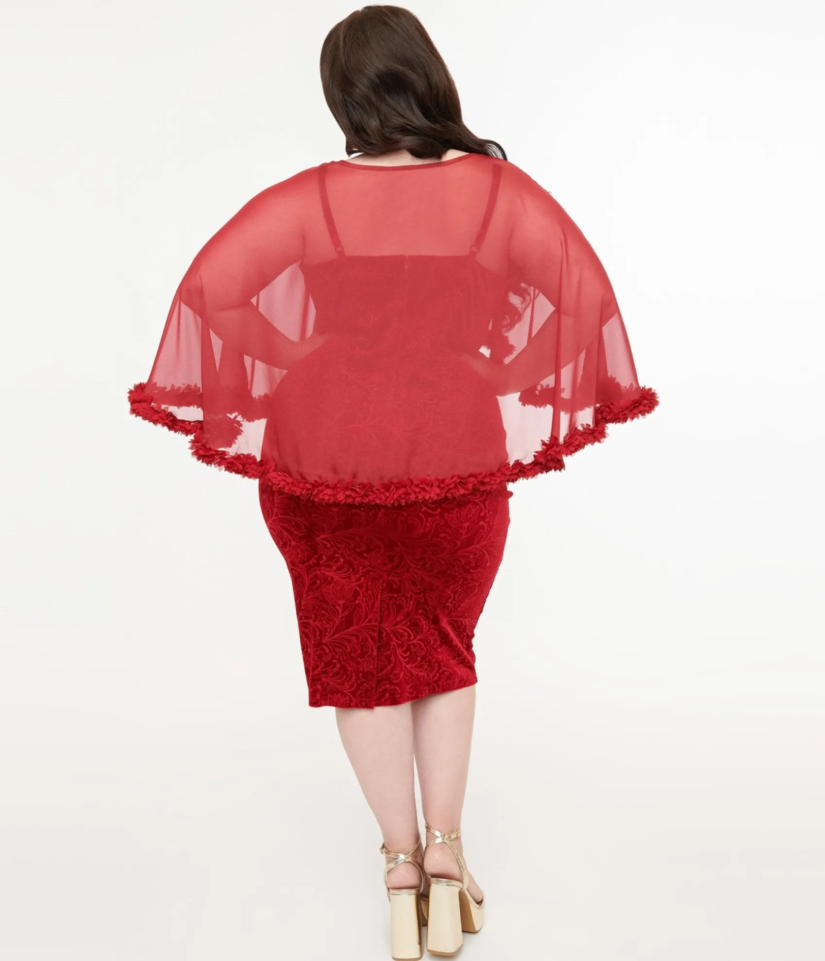 Unique Vintage Plus Size 1960s Red Velvet Ruffle Capelet Wiggle Dress Best