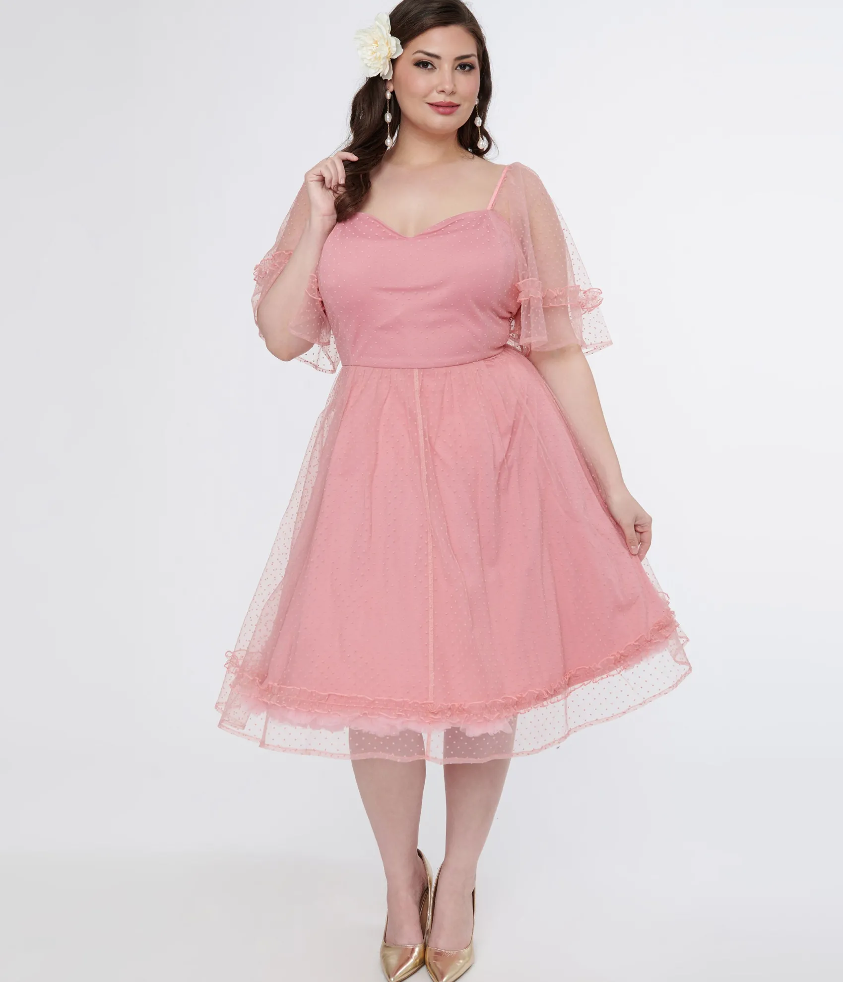 Unique Vintage Plus Size 1950s Rose Ruffle Sweetheart Swing Dress Clearance