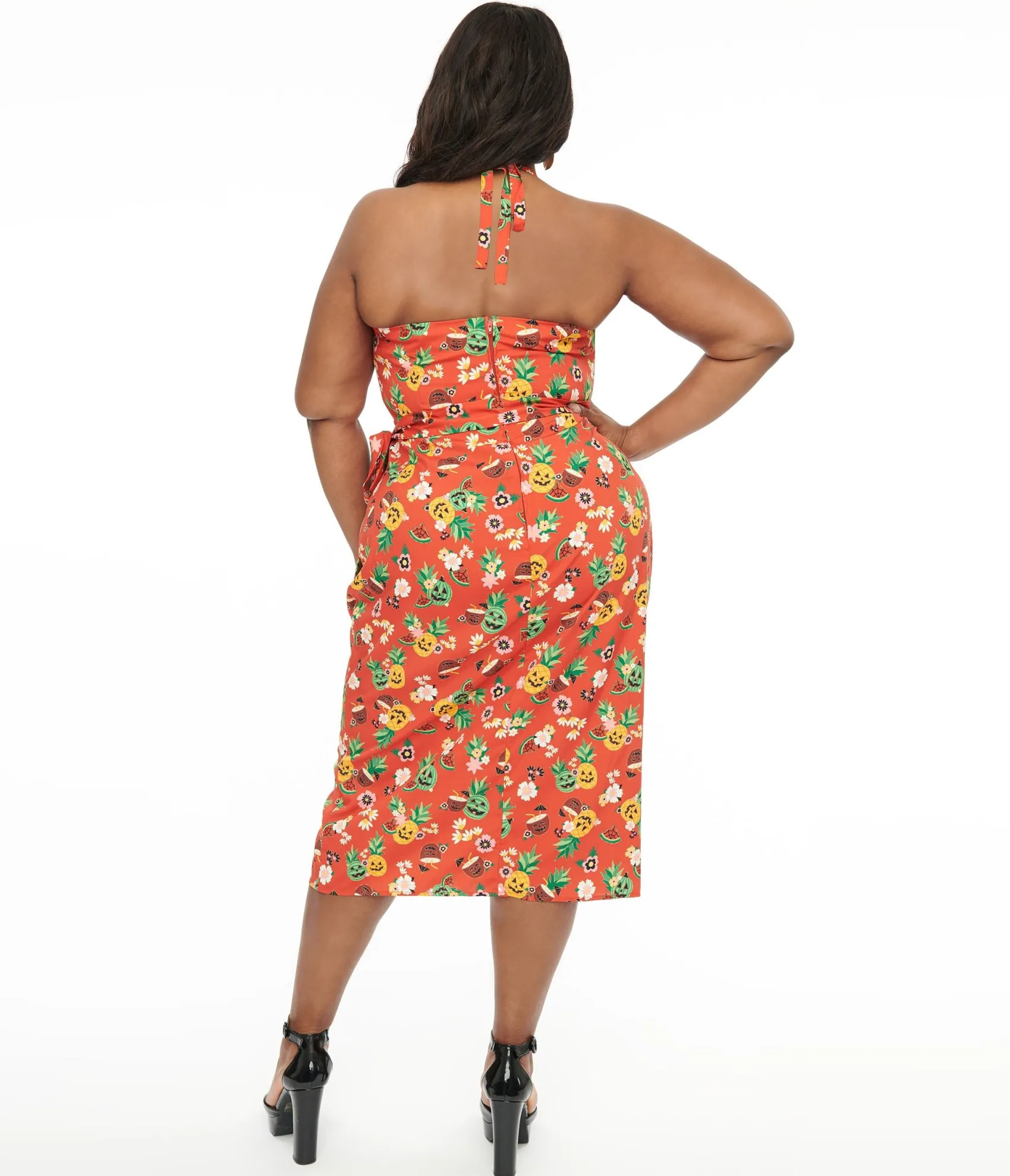 Unique Vintage Plus Size 1950s Rust & June-O-Ween Fruit Print Leilani Sarong Dress Discount