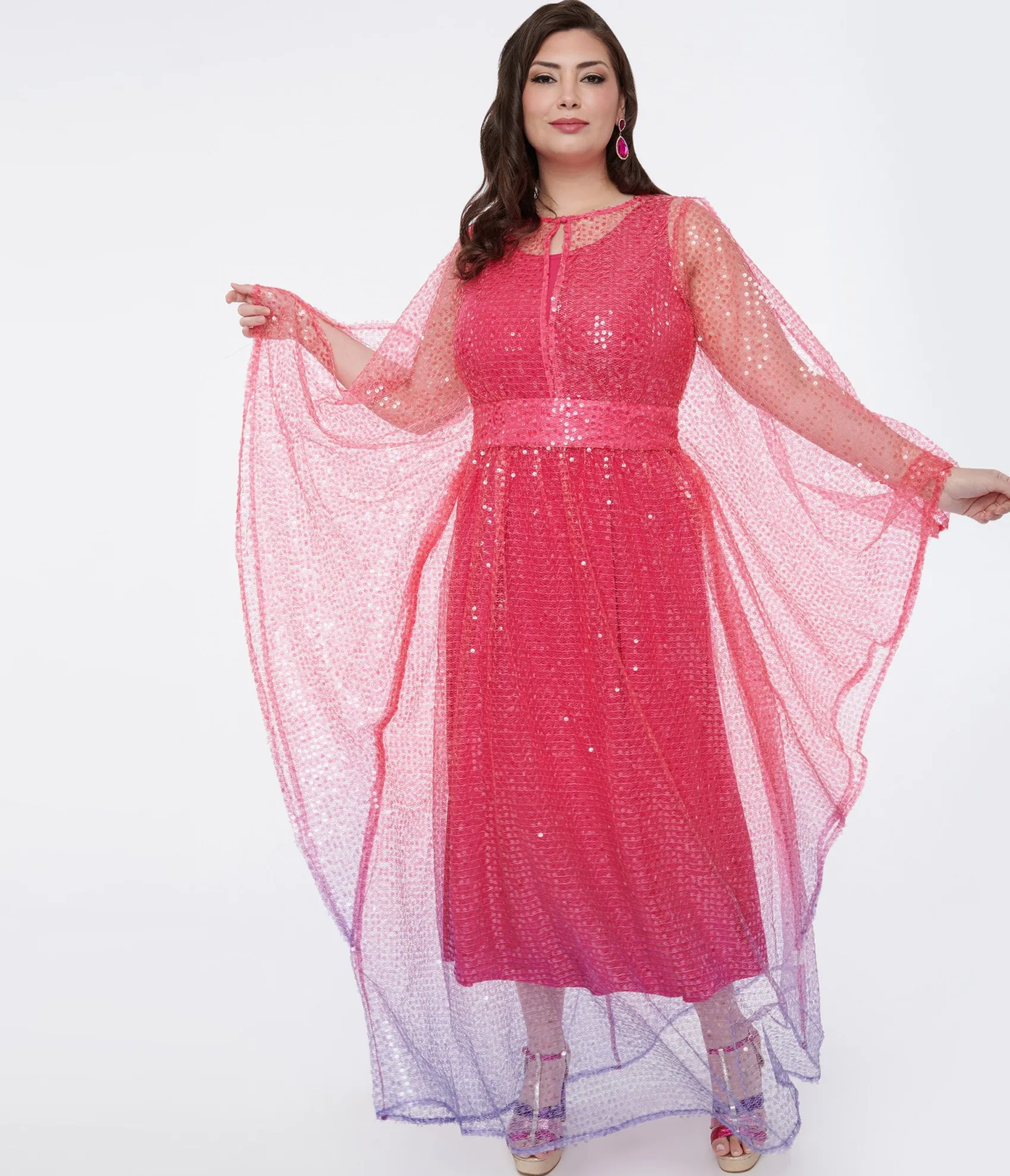 Unique Vintage Plus Size 1970s Sheer Pink & Purple Ombre Sequin Flutter Sleeve Caftan Clearance