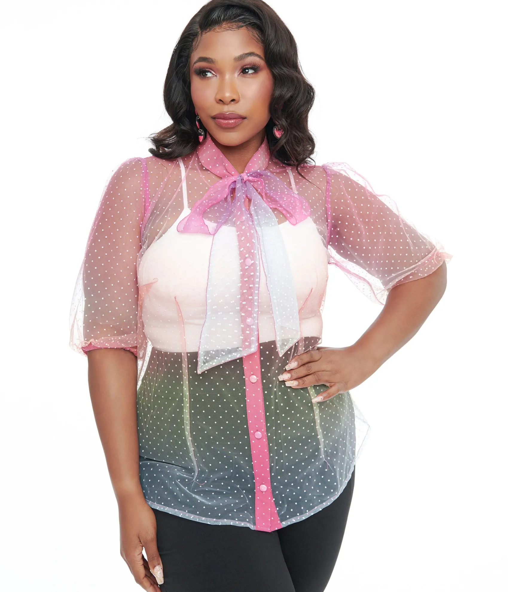 Unique Vintage Plus Size 1940s Sheer Rainbow Clip Dot Tie Neck Gwen Blouse Store