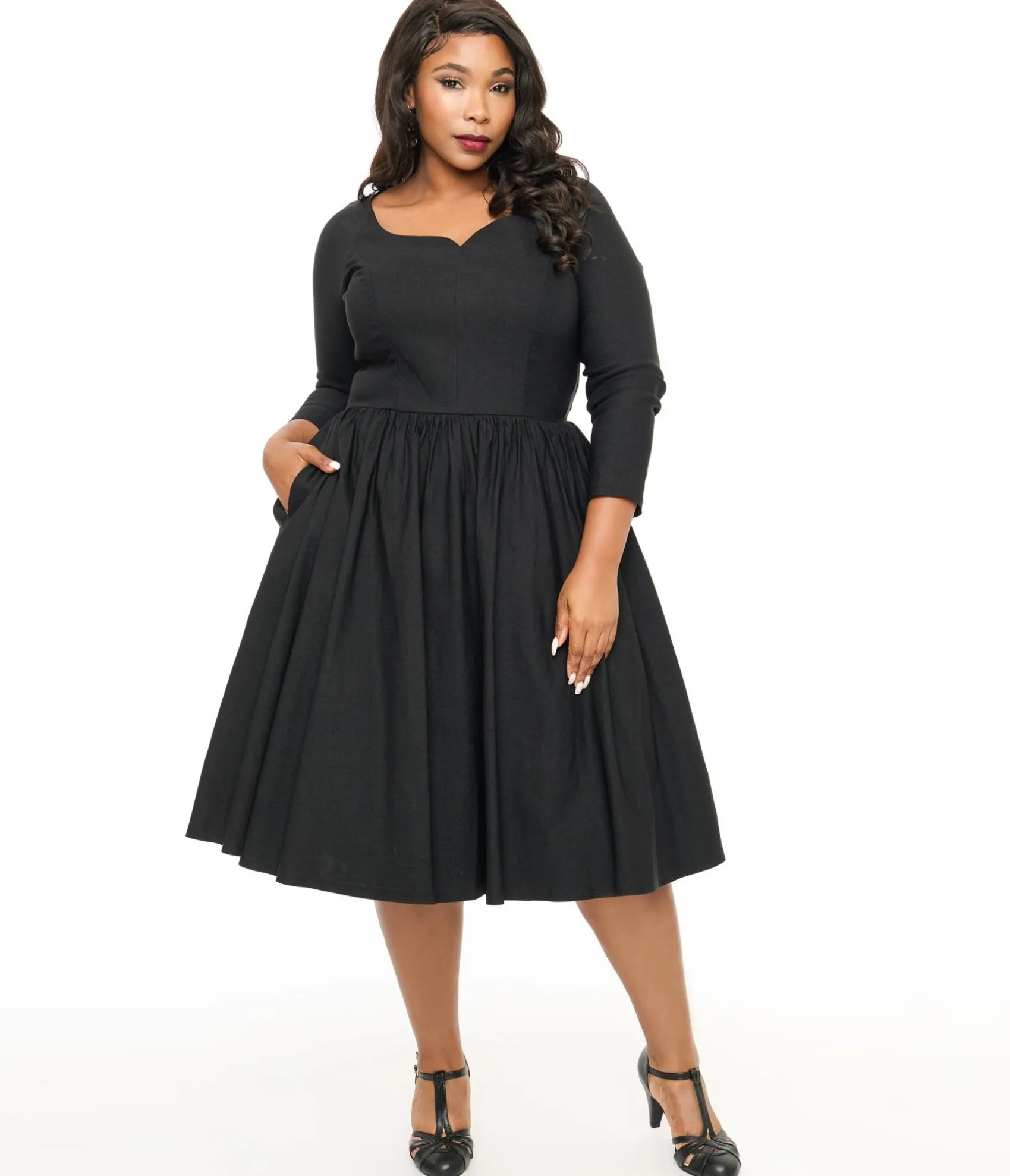 Unique Vintage Plus Size 1950s Solid Black Sweetheart Swing Dress Online