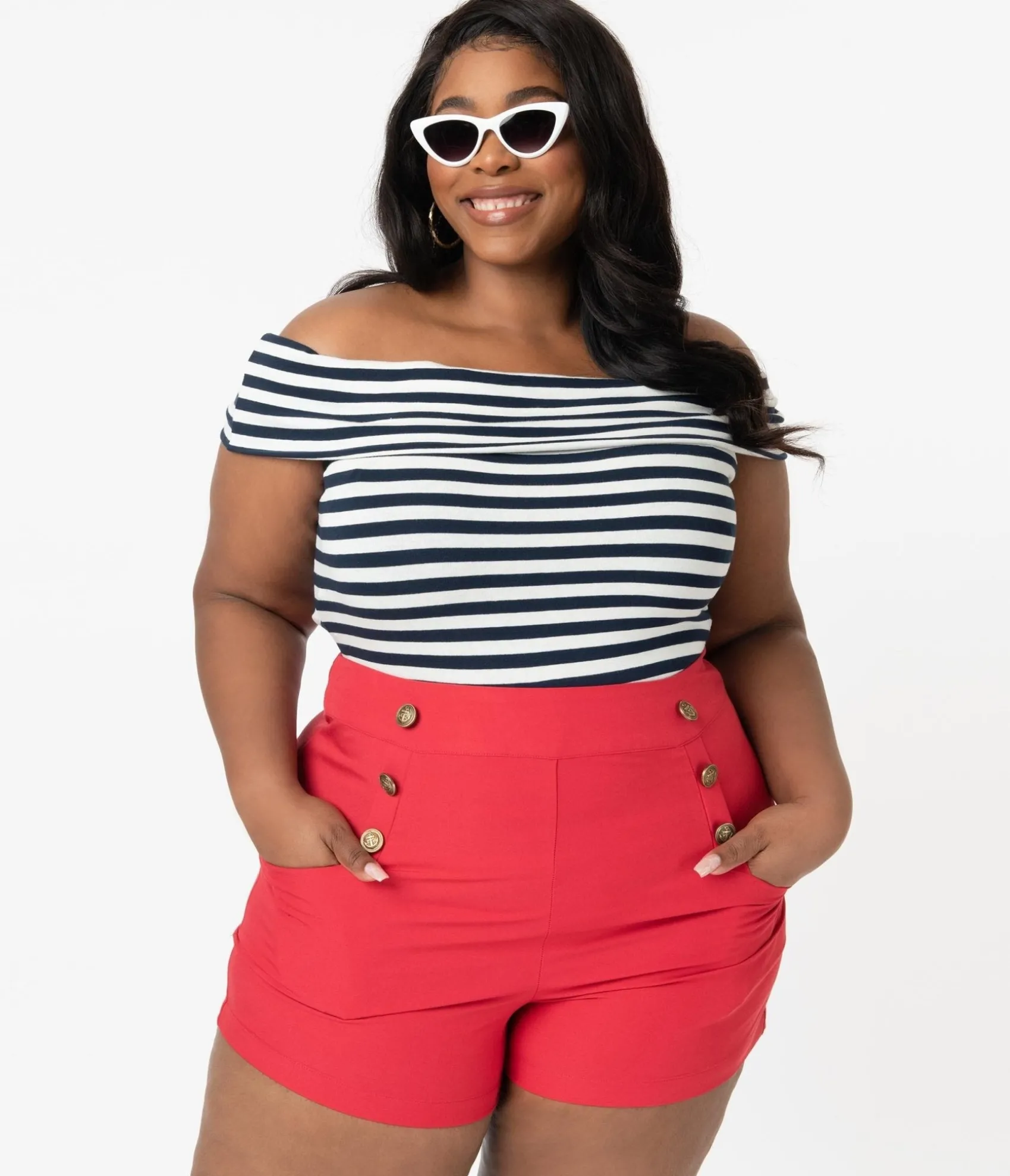 Unique Vintage Plus Size 1940s Style Red High Waist Sailor Debbie Shorts Cheap