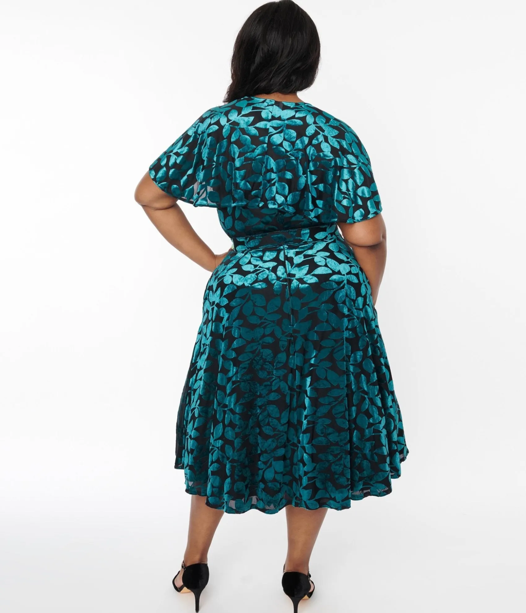 Unique Vintage Plus Size 1950s Teal & Black Velvet Burnout Capelet Swing Dress Flash Sale